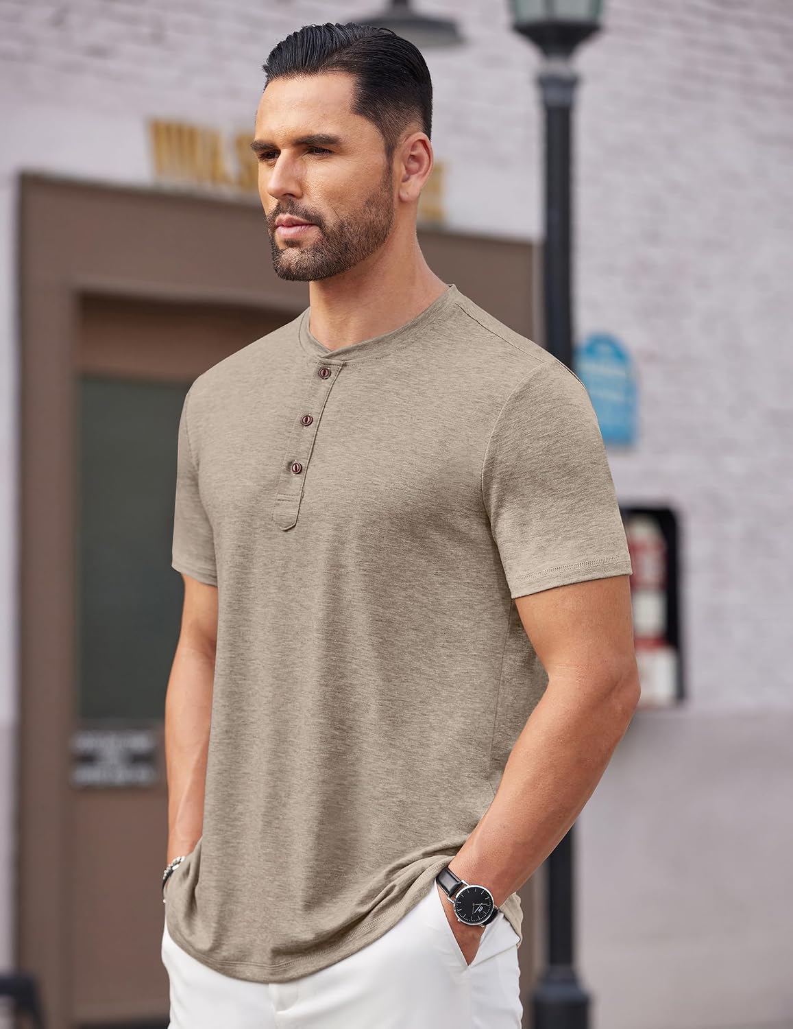 Detalle de COOFANDY Men's Henley Short Sleeve Shirt: Casual Summer Basic T for Everyday Style