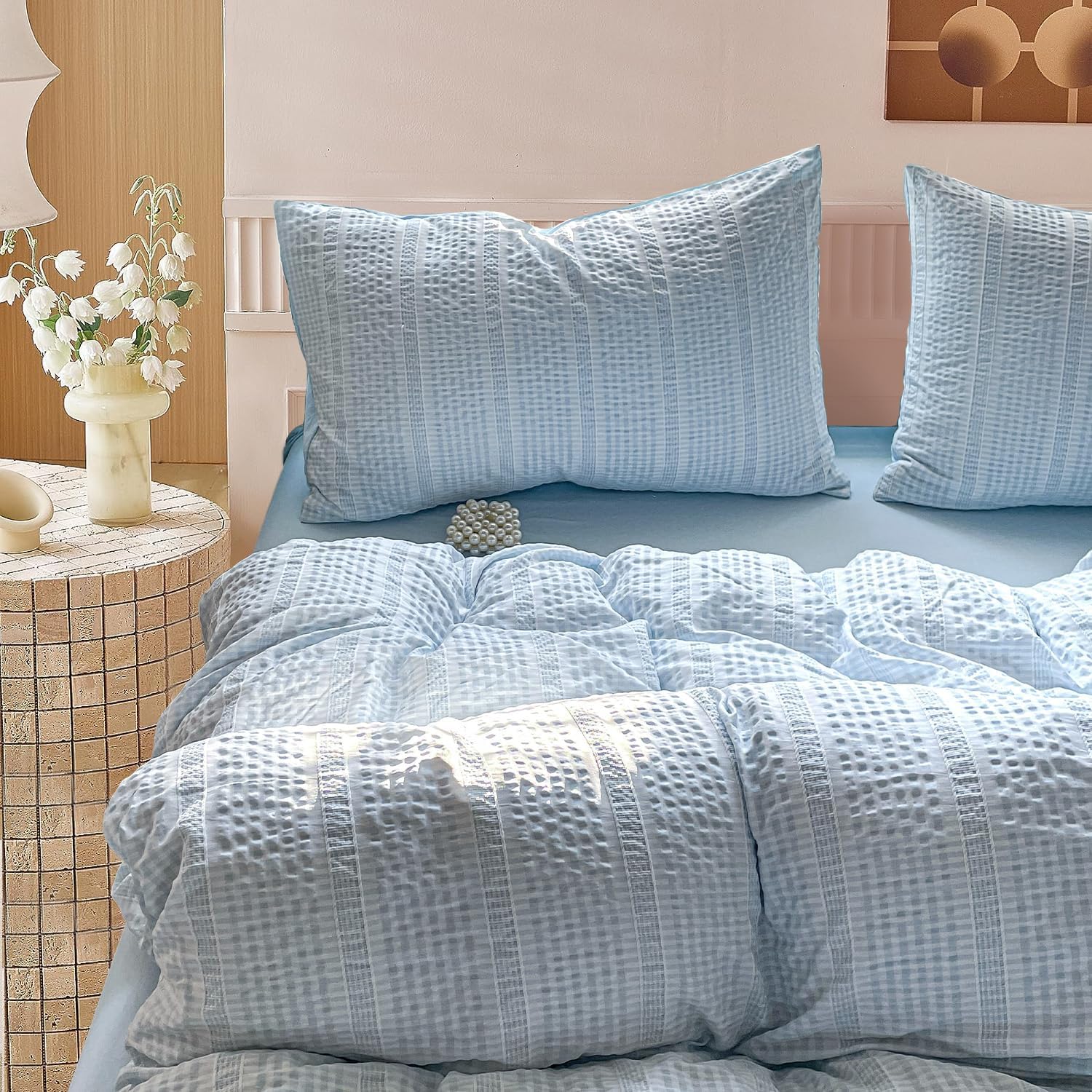 Thumbnail 6 de Guchuang Bedding Blue Seersucker Duvet Cover Set (Double, 200x200cm) – 3-Piece Microfibre Bedding Set