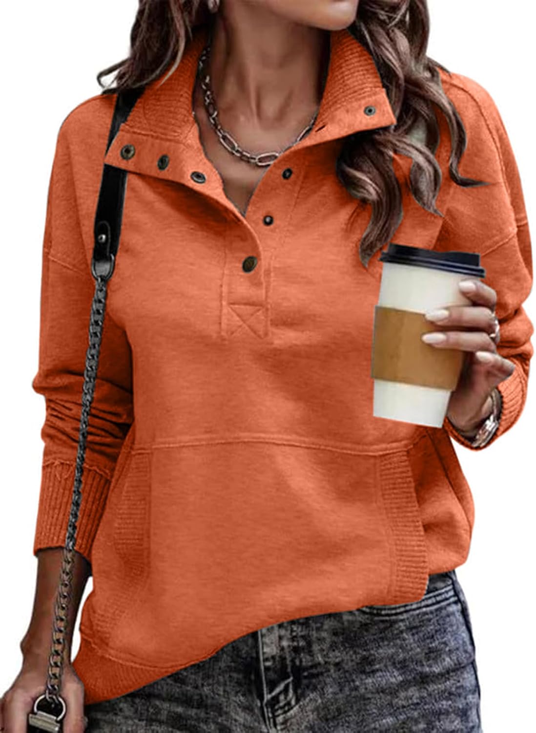 Thumbnail 3 de SHEWIN Women's Casual Long Sleeve Stand Neck Sweatshirt — Lightweight Button Drawstring Pullover