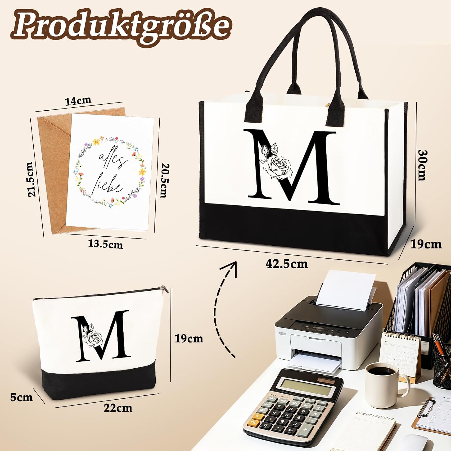 Thumbnail 3 de AnruzonGeschenke für Frauen – Personalisiert: Initial A-Z Canvas Einkaufstasche & Kosmetiktasche + Grußkarte
