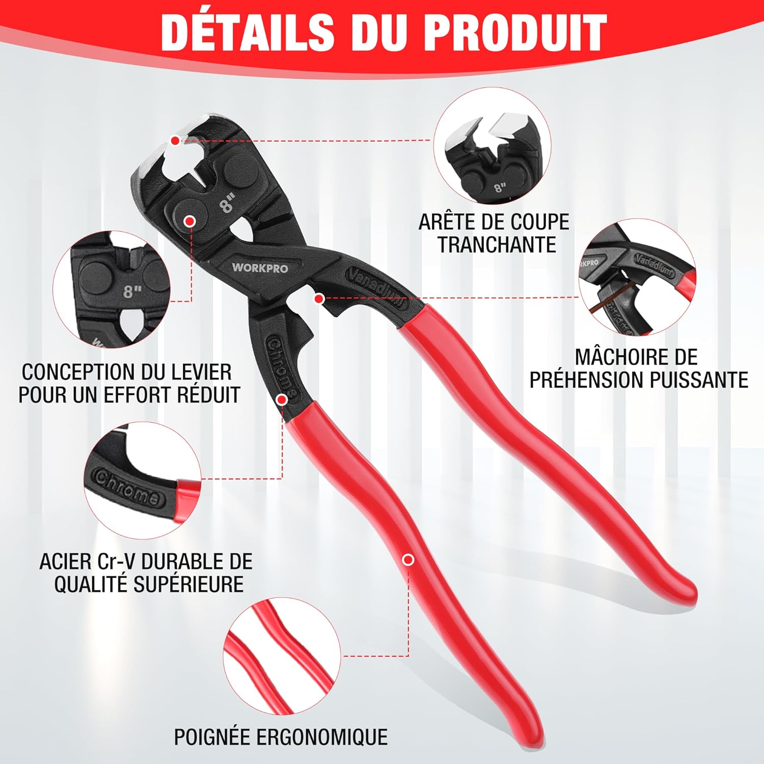 Detalle 2 de WORKPRO Tenaille russe 205 mm â pince coupante ergonomique đ