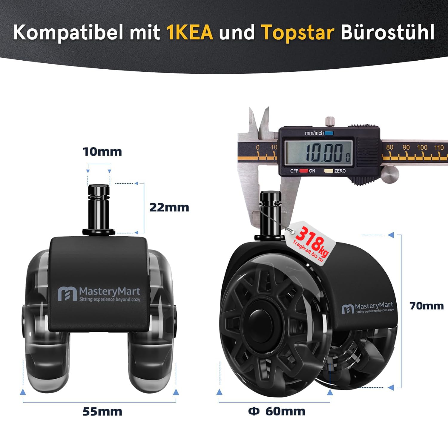 Thumbnail 1 de Mastery Mart Set da 5 rotelle per sedia da ufficio con perno 10 mm x 22 mm (nero)