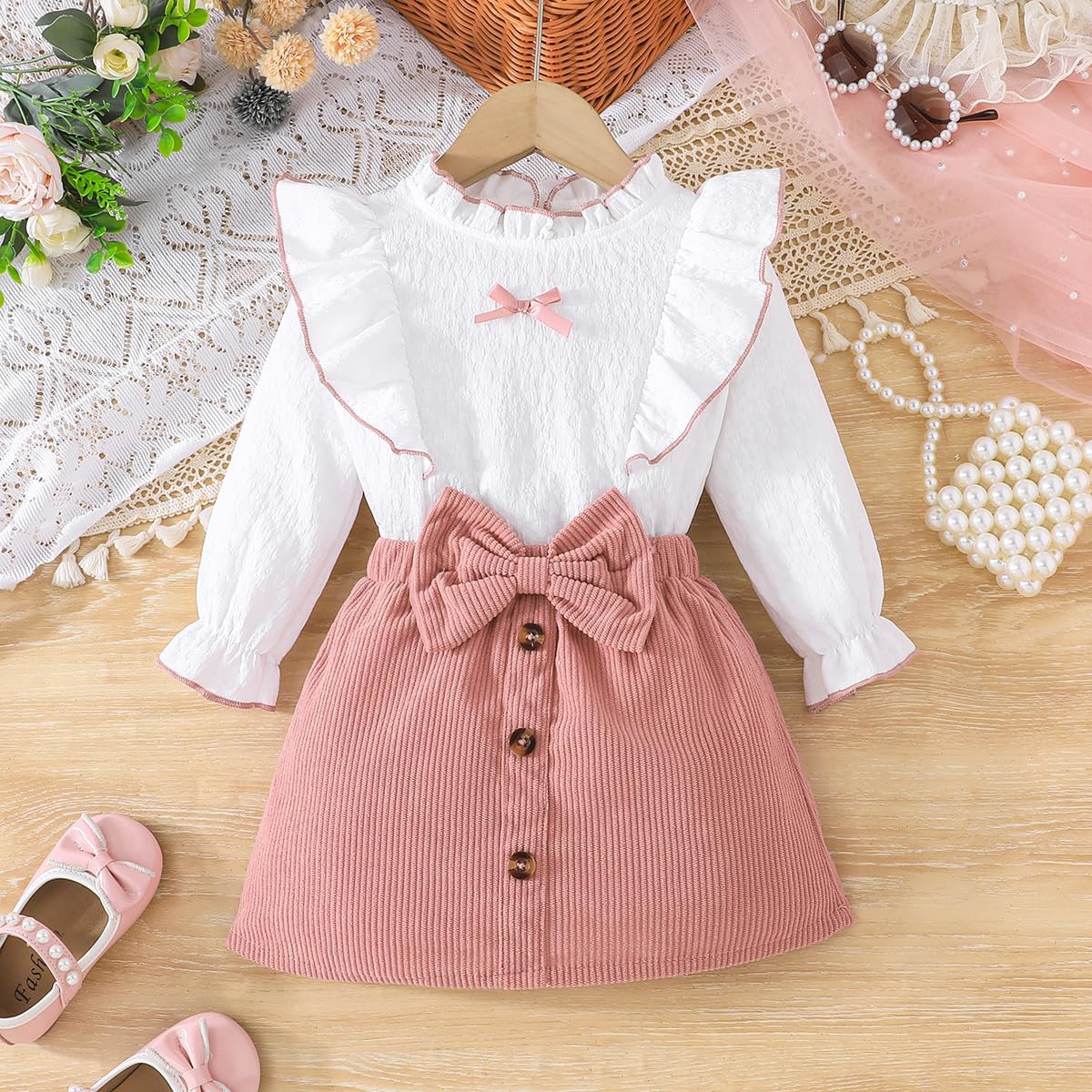 Thumbnail 2 de QUNERY Toddler Girl Clothes: Long Sleeve Ruffled Top & Mini Skirt Set