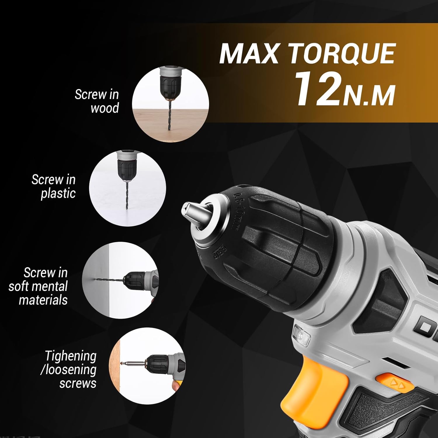 Detalle de DEKOPRO trapano avvitatore senza fili 8 V con mandrino da 10 mm, LED e 42 accessori