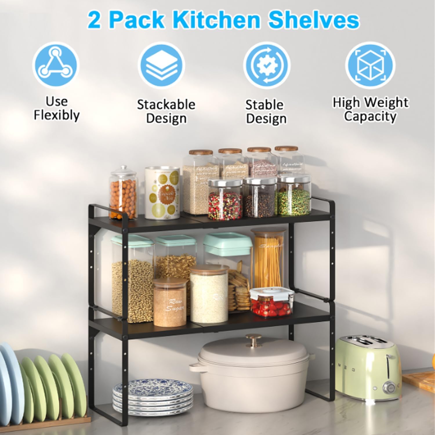 Thumbnail 2 de 15.5–25.5 Inch Expandable Kitchen Cabinet Organizer Shelf (2-Pack) — Adjustable, Stackable Counter Storage Racks