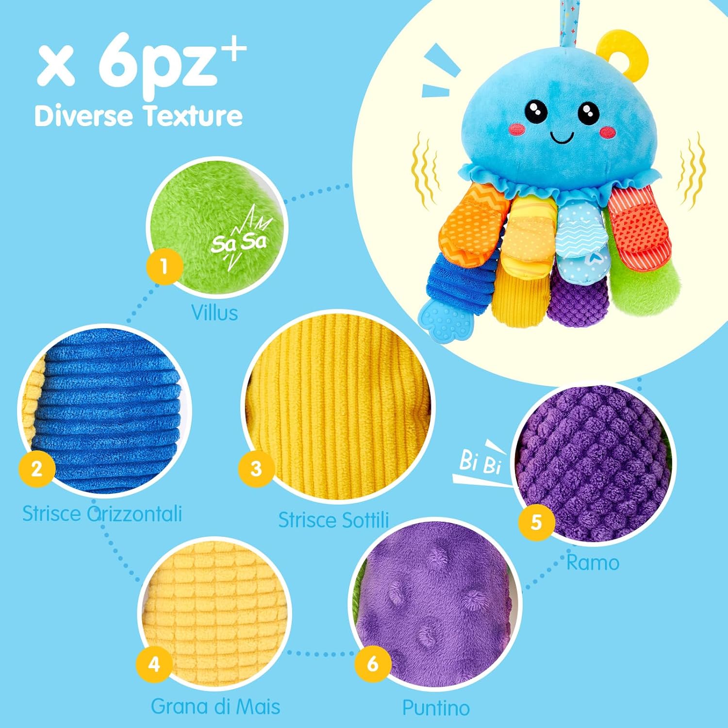 Thumbnail 5 de Peluche polpo multisensoriale Hahaland Giochi Montessori (6 mesi) con sonaglio, specchio e anelli da dentizione