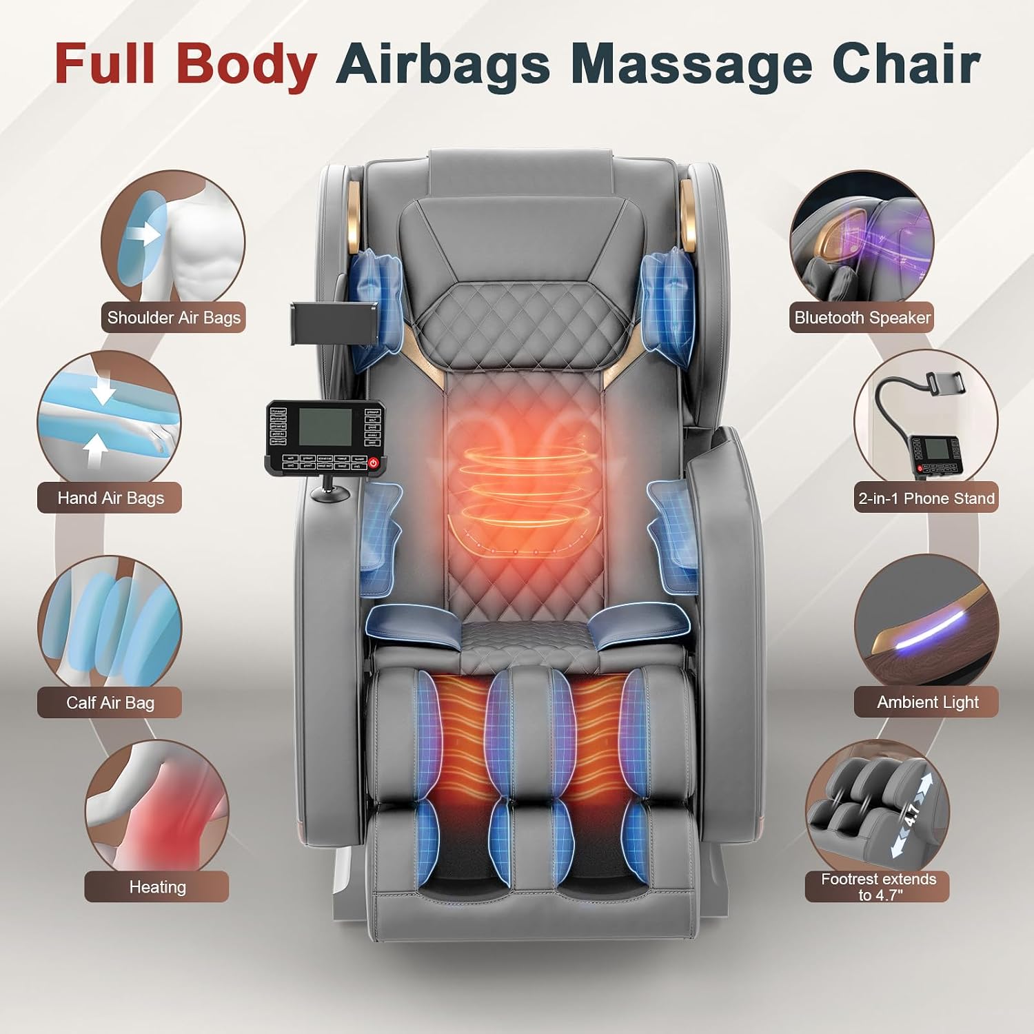 Detalle de yewglen massagestoel met 14 massagerollen, warmte en 8 airbags