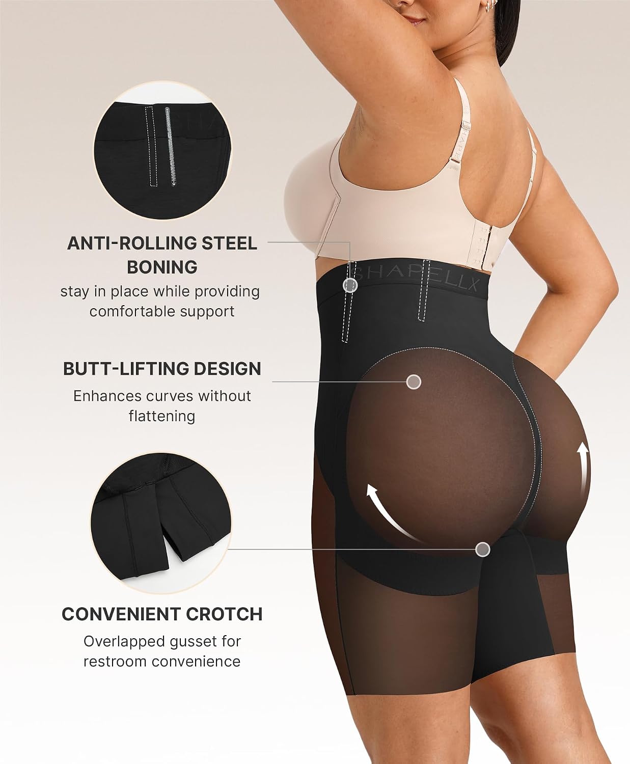 Detalle 2 de SHAPELLX High-Waisted Shapewear Shorts for Women, Tummy Control and Butt Lift