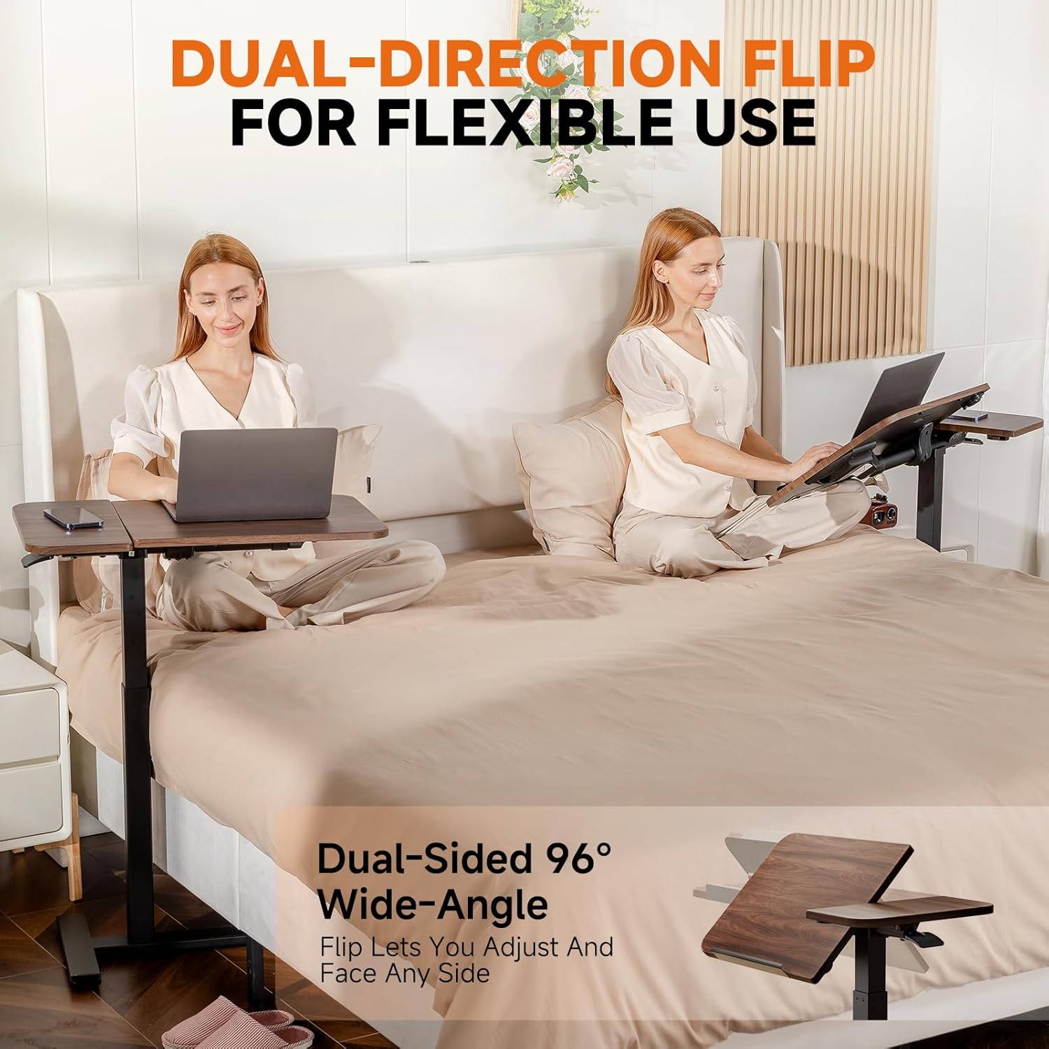 Detalle 2 de COMHOMA LT003-COM Tilting Overbed Desk, Pneumatic Height Adjustment, Walnut