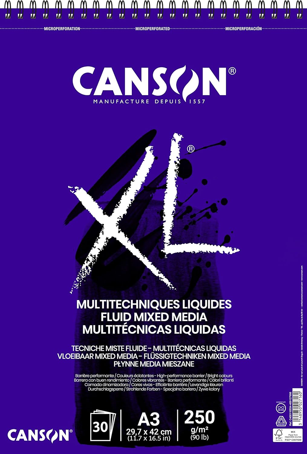 Detalle de Canson XL Fluid Mix Media: album spiralato A3 30 fogli, 250 g/m², grana liscia, extra bianco