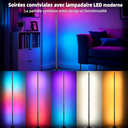 Detalle de Aogled Lámpara de Pie LED RGB regulable con mando y App, 120 cm, 16M colores y sincronización musical