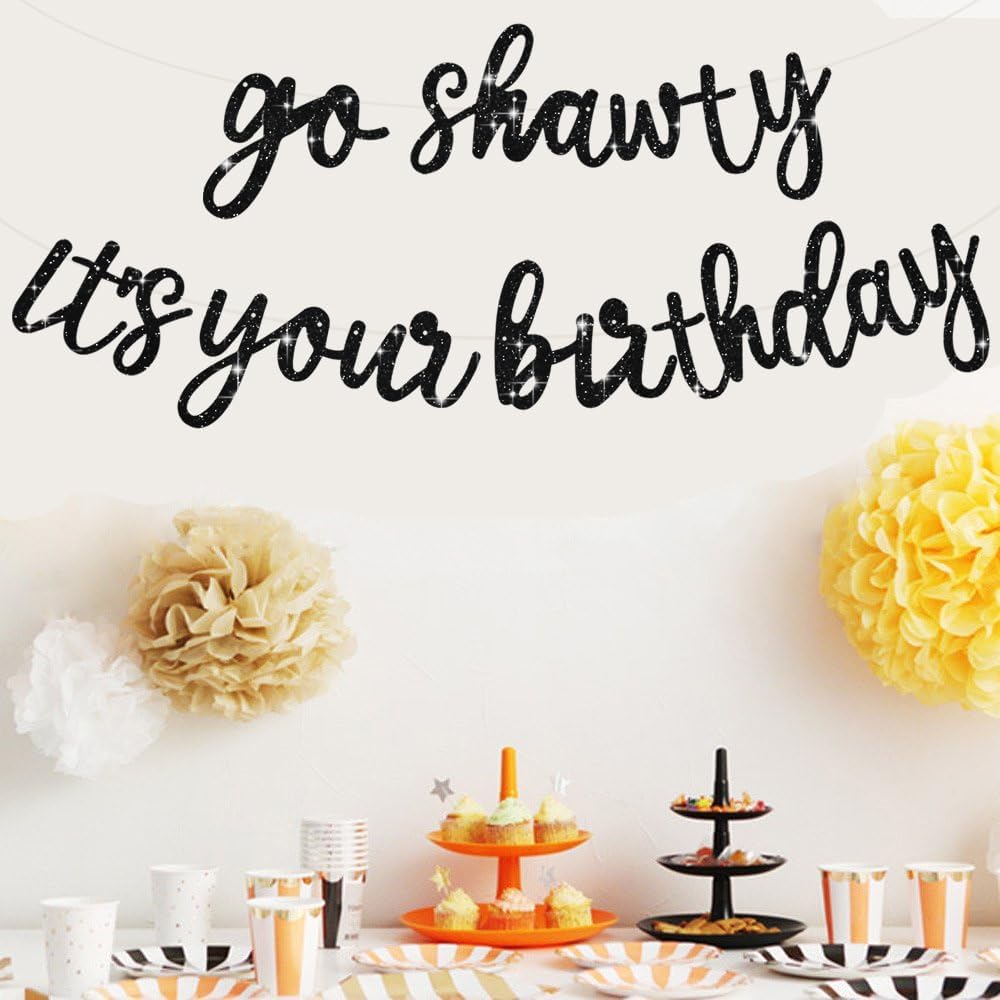 Thumbnail 3 de BEISHIDA “Go Shawty It’s Your Birthday” Black Glitter Banner (Pre-Strung, No DIY) Hip Hop Theme