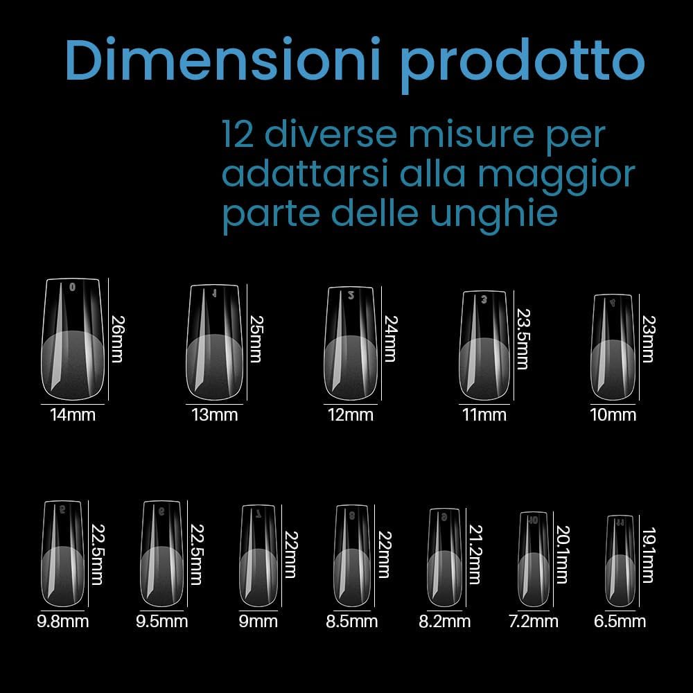 Detalle de ZIFUTON 504 Pezzi Tip In Gel Quadrate per Unghie – Kit professionale con 12 misure