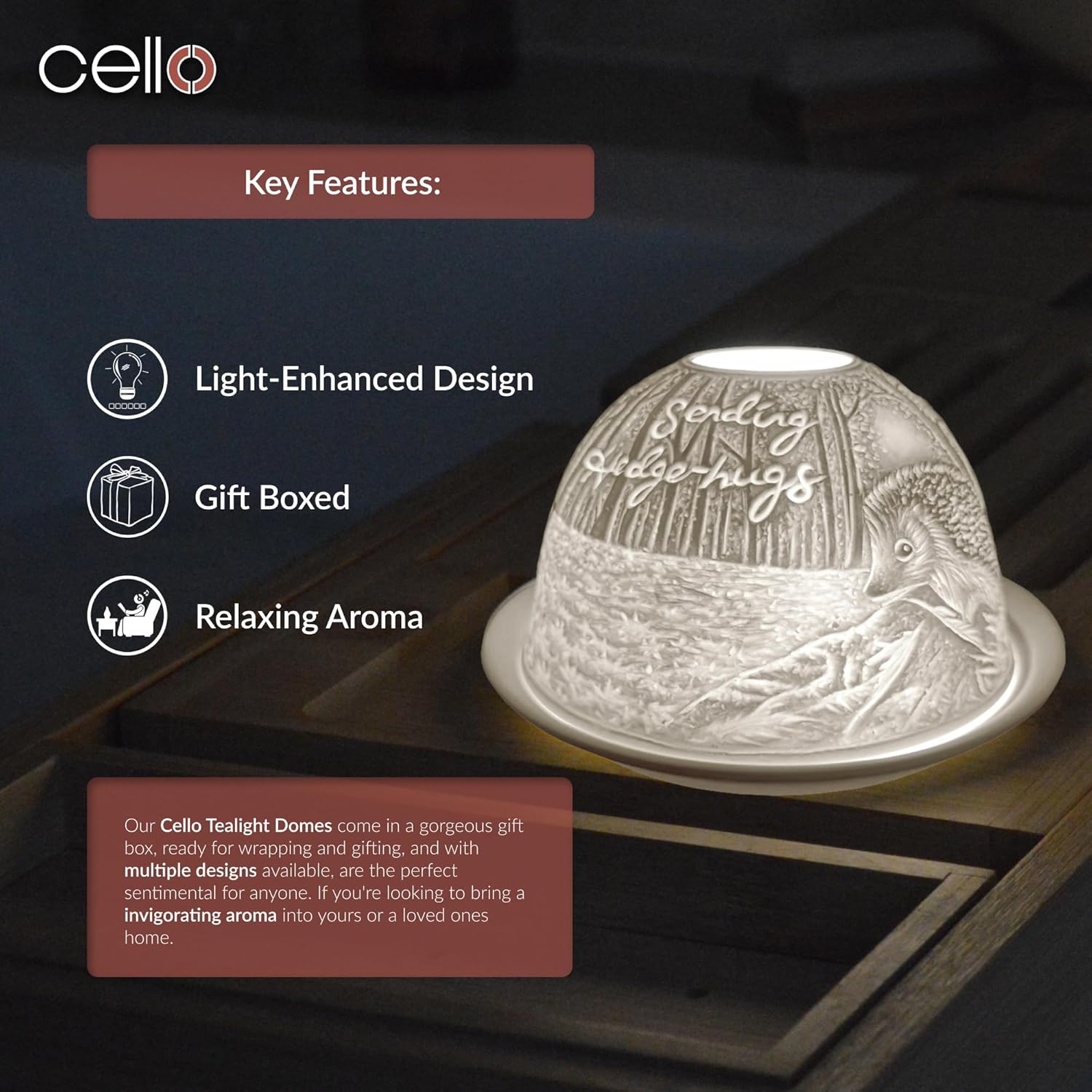 Thumbnail 4 de Cello Porcelain Tealight Holder Dome (Hedgehogs) with 3D Lithophane Projection & “Sending Hedge-Hugs” message