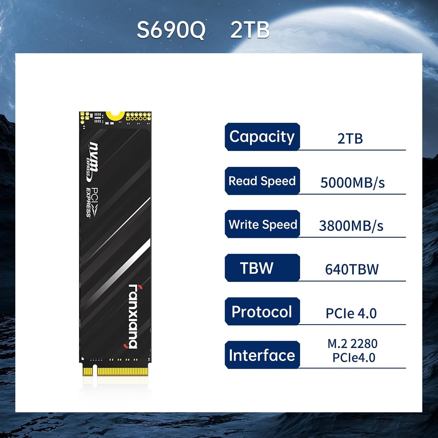 Detalle de fanxiang S690Q 2TB M.2 NVMe SSD, PCIe Gen4 x4, Up to 5,000 MB/s