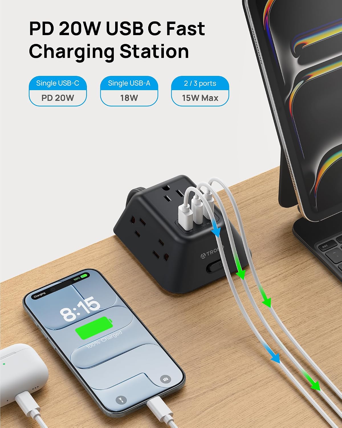 Detalle de TROND TD-PS-US16C Desk Clamp Power Bar with 5 Outlets and USB-C PD