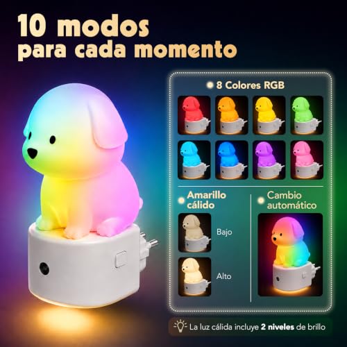 Detalle de AMHÖ Luz Nocturna Infantil con Enchufe Perro 3D: lunares colores suaves para dormir sin sobresaltos