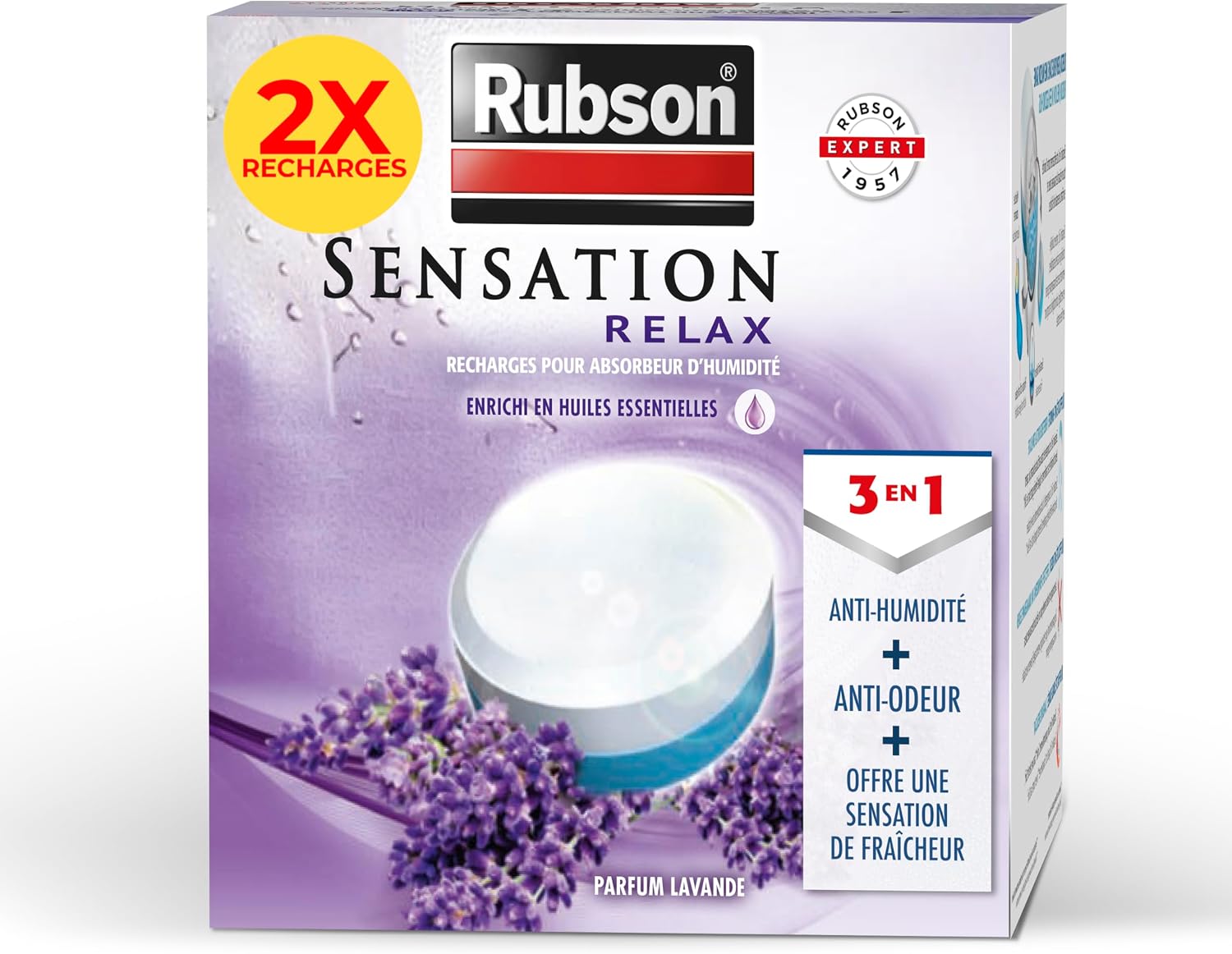 Rubson Sensation Relax Recharges universelles (2 x 300 g) – recharge parfum lavande, 3 en 1 anti-humidité, anti-odeur et fraîcheur durable