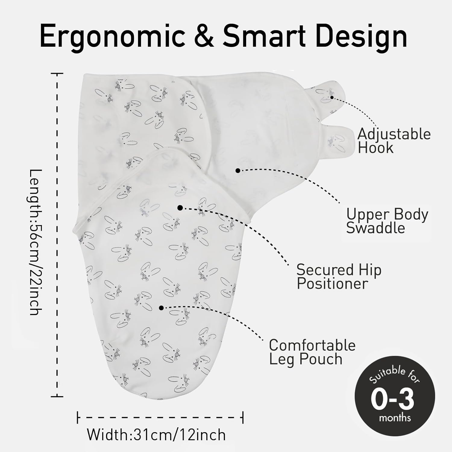 Detalle de GLLQUEN BABY Baby Swaddle Wraps (0–3 months), Oeko-Tex 100 organic cotton, 3-pack (Bunny Land)