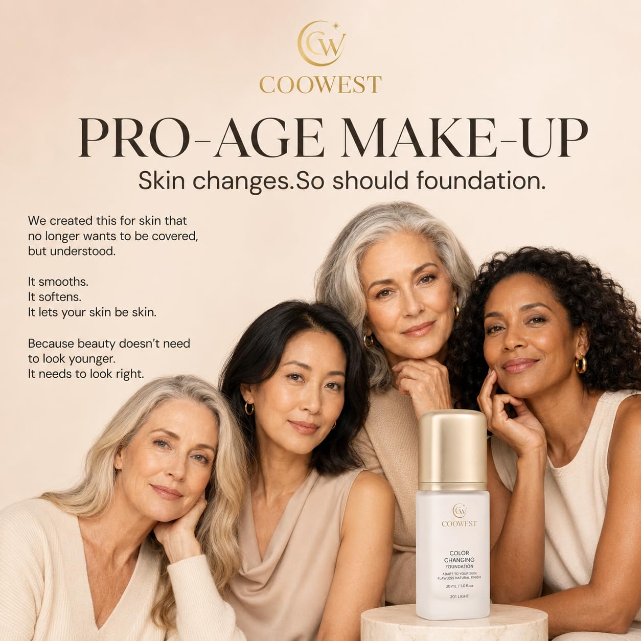 Detalle 1 de COOWEST Color Changing Foundation for Mature Skin, Light, 30ml Shade-Adapting Tint