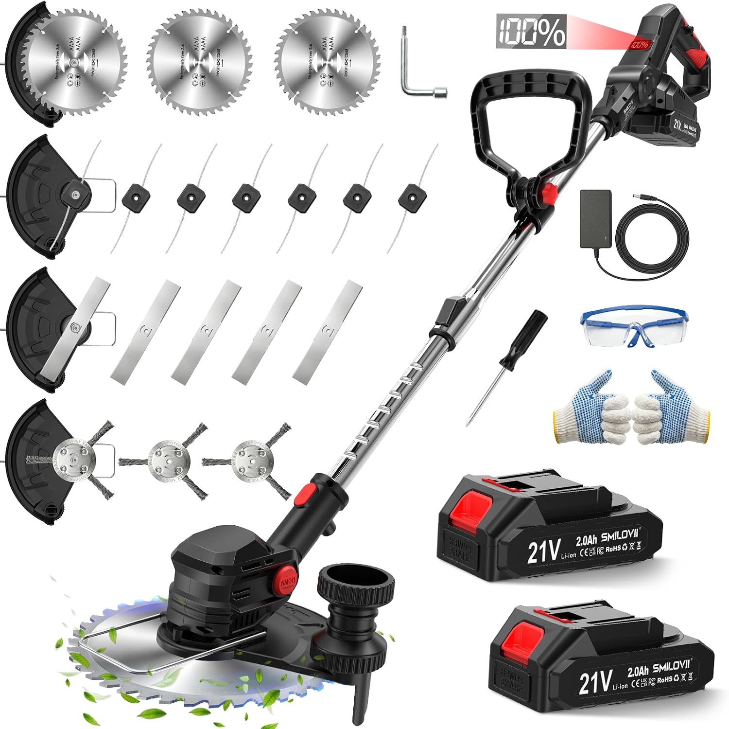 Detalle de SMILOVII Akku-Rasentrimmer 21V 4‑in‑1 (bis 24.000 RPM) mit 2× 2,0Ah, 90° drehbarem Kopf & LCD