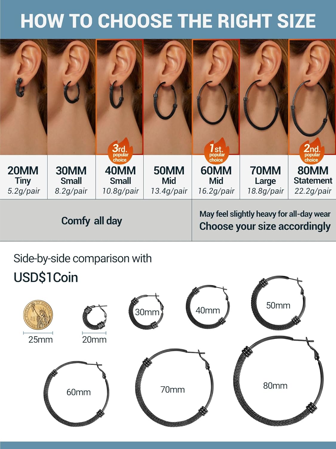 Thumbnail 5 de PROSTEEL créoles en acier inoxydable 316L pour femme – anneaux 20/30/40/50/60/70/80 mm en maille (plaqué or ou couleur noir)