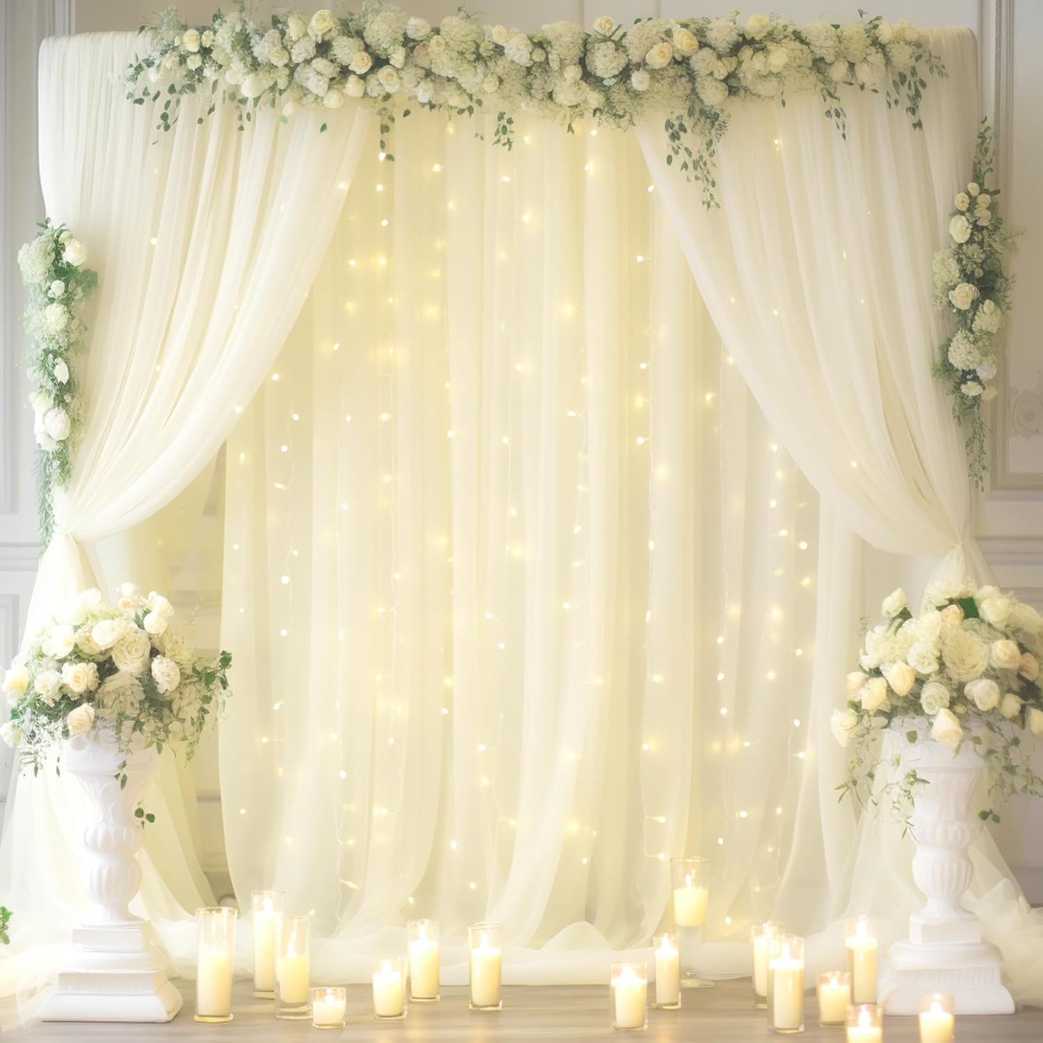 Detalle de Ivory Tulle Backdrop Curtain with Lights — 20x10ft for Weddings, Parties & Photo Shoots