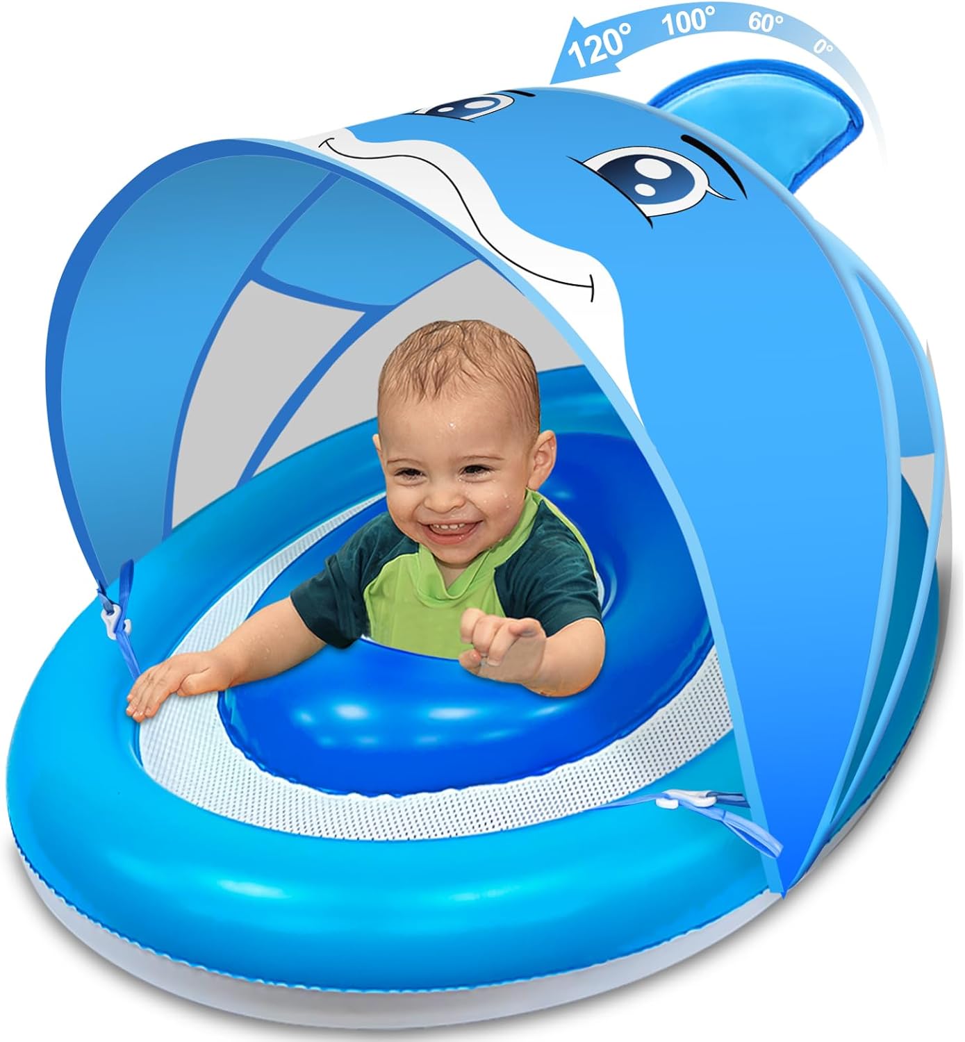 Detalle de Baby Pool Float with Canopy UPF50+ for Ages 6-36 Months: 4-Stage Canopy, Anti-Tip Seat & Dual Air Chambers