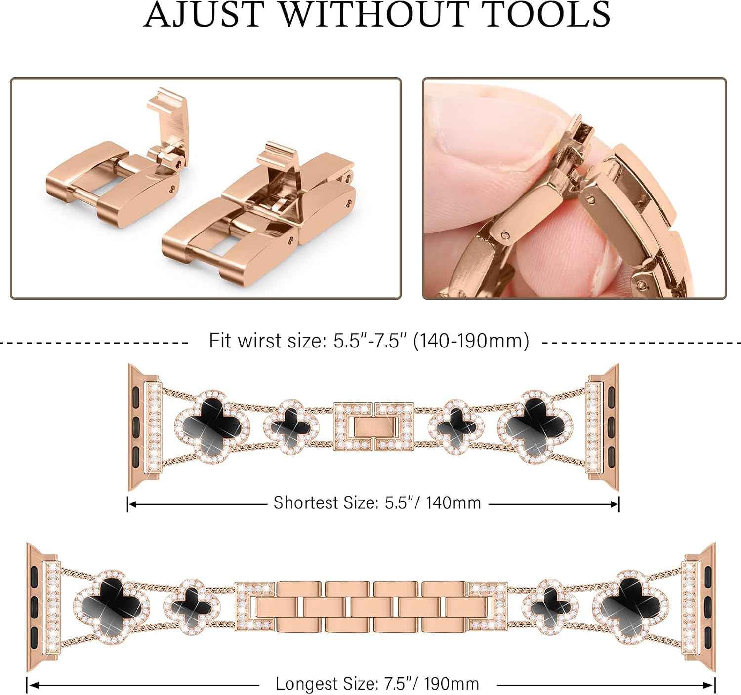 Detalle de Tasikar Bling Diamond Women Straps for Apple Watch 42–49mm (Rose Gold/Black)