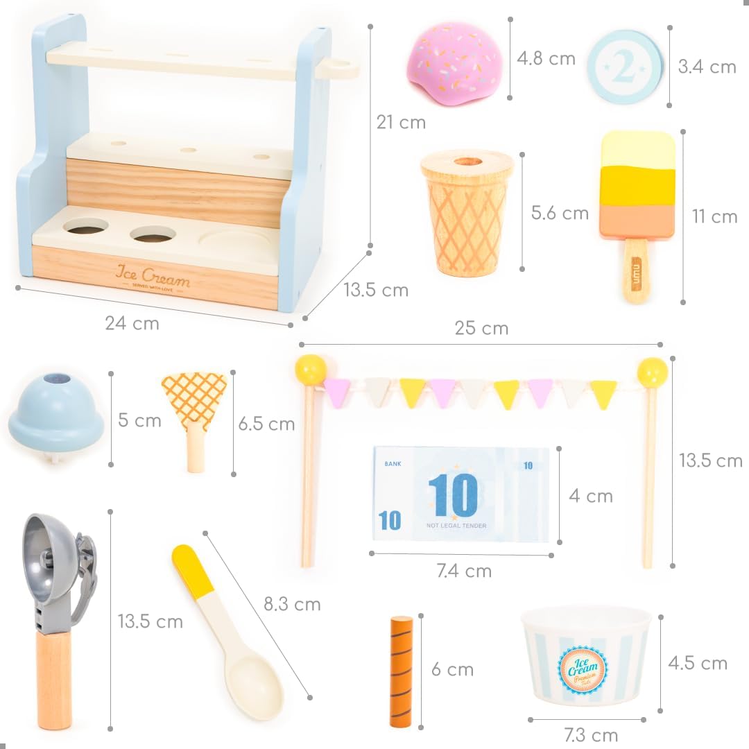 Thumbnail 5 de UMU® Kinder Eisdiele aus Holz – Rollenspiel-Set mit Eisladen, Küchenzubehör, Spielgeld und Menükarte (37-tlg.)