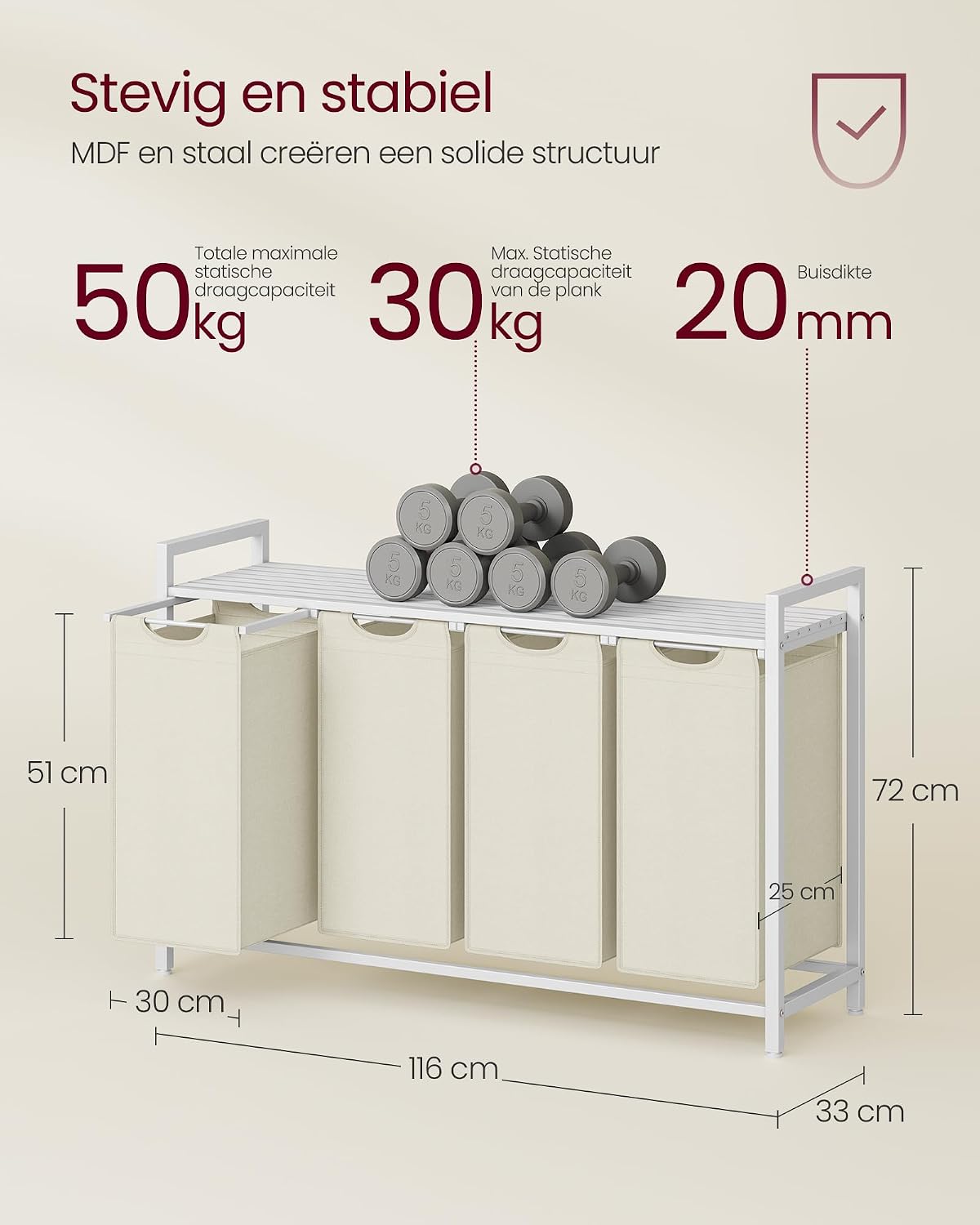 Detalle 1 de VASAGLE BRENTA BLH101W01 wasmand met plank, 65 liter, crèmewit en wolkwit