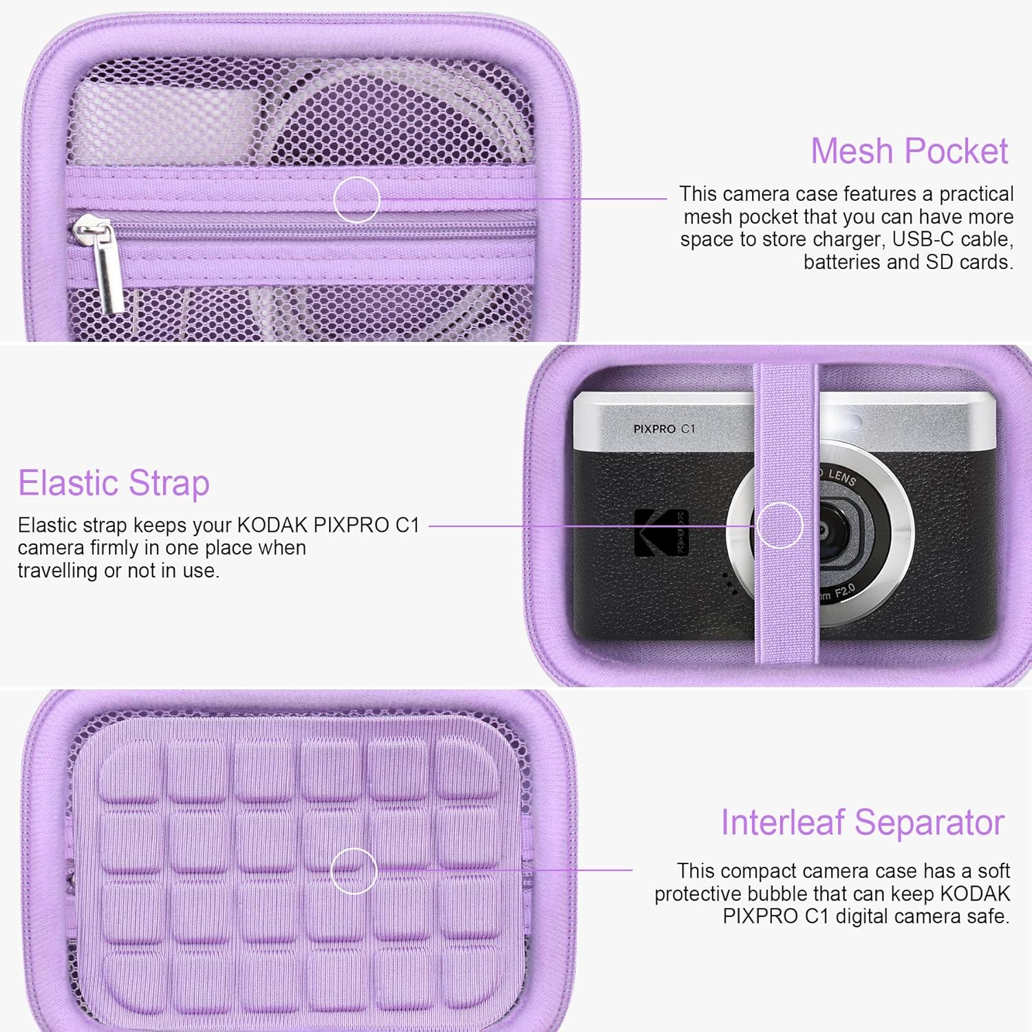 Detalle 2 de RAIALL Hard Carrying Case for Kodak PIXPRO C1 Friendly Zoom (Purple) with Mesh Pocket