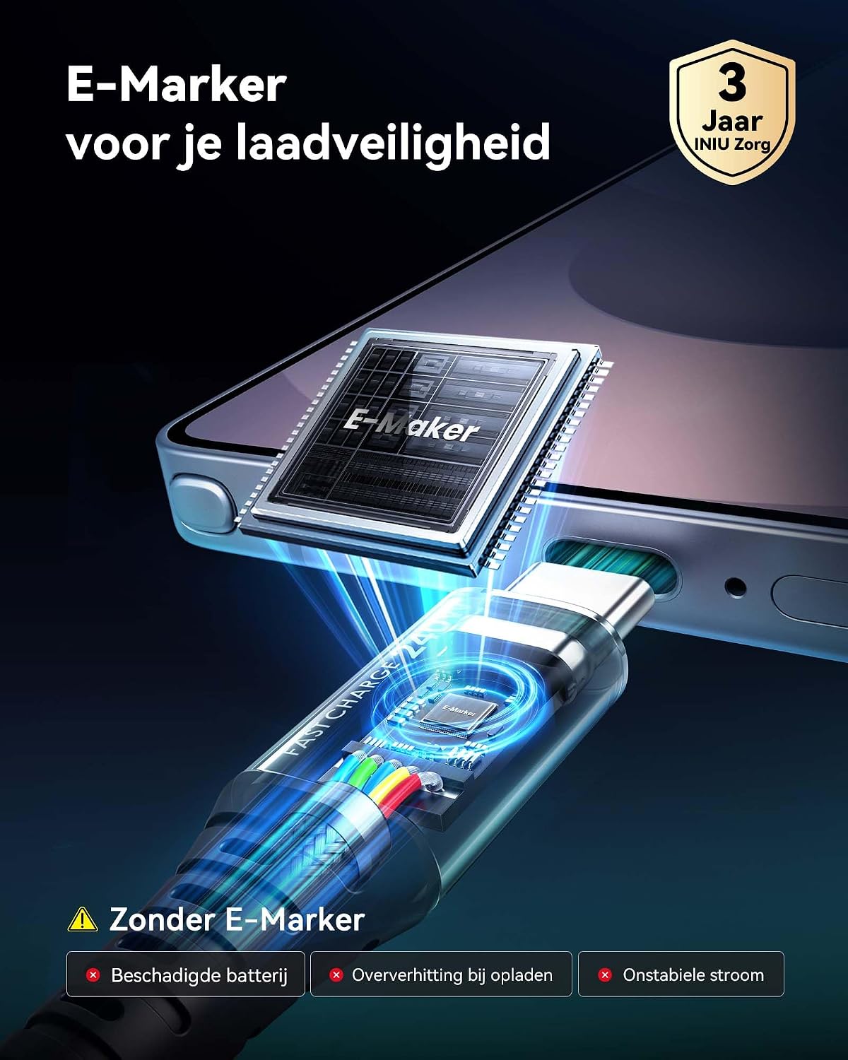 Detalle 2 de INIU D7CC-2P-1M USB-C-kabel 240 W, 2 m, gevlochten met ledscherm