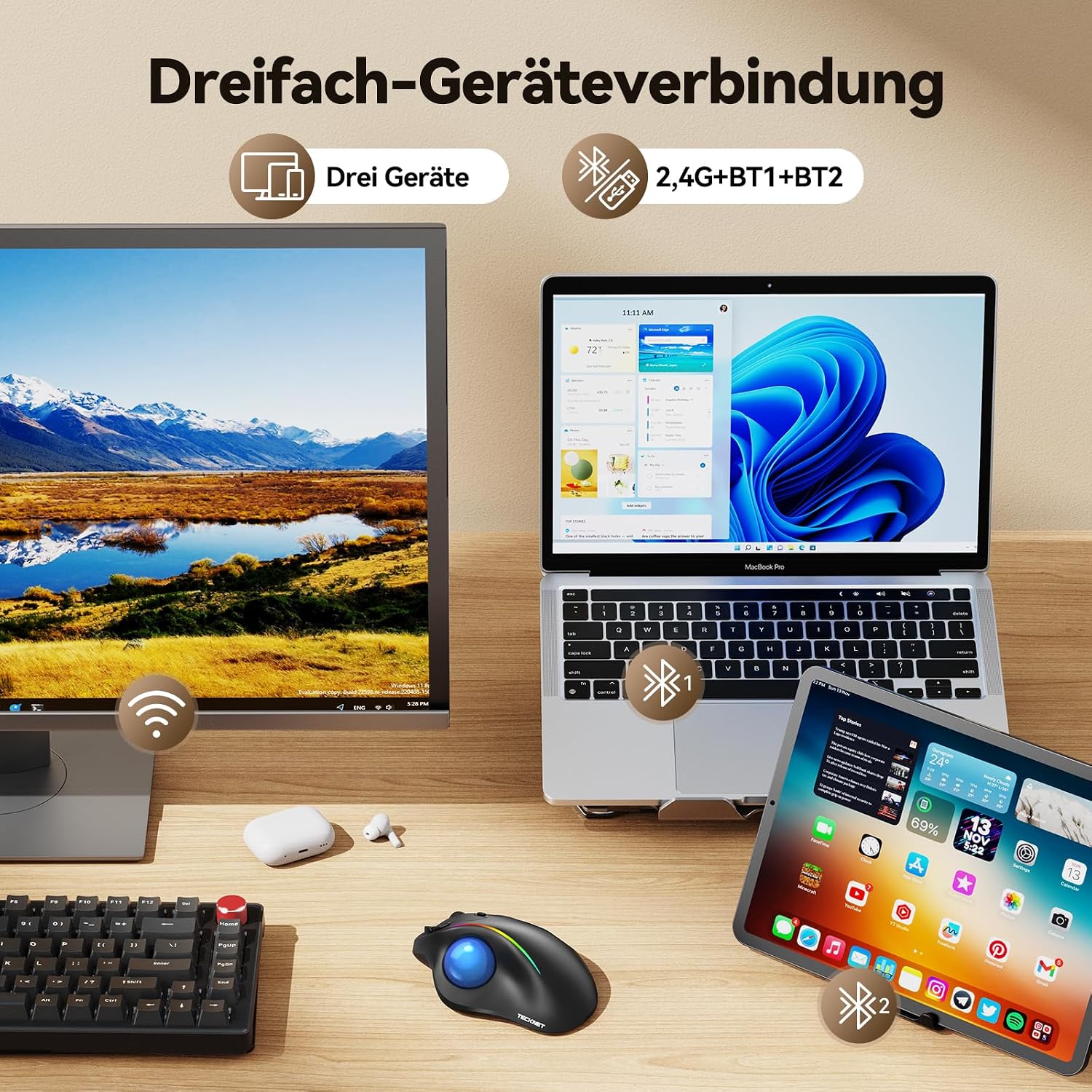 Detalle 2 de TECKNET Trackball Maus 3-Geräte-Verbindung