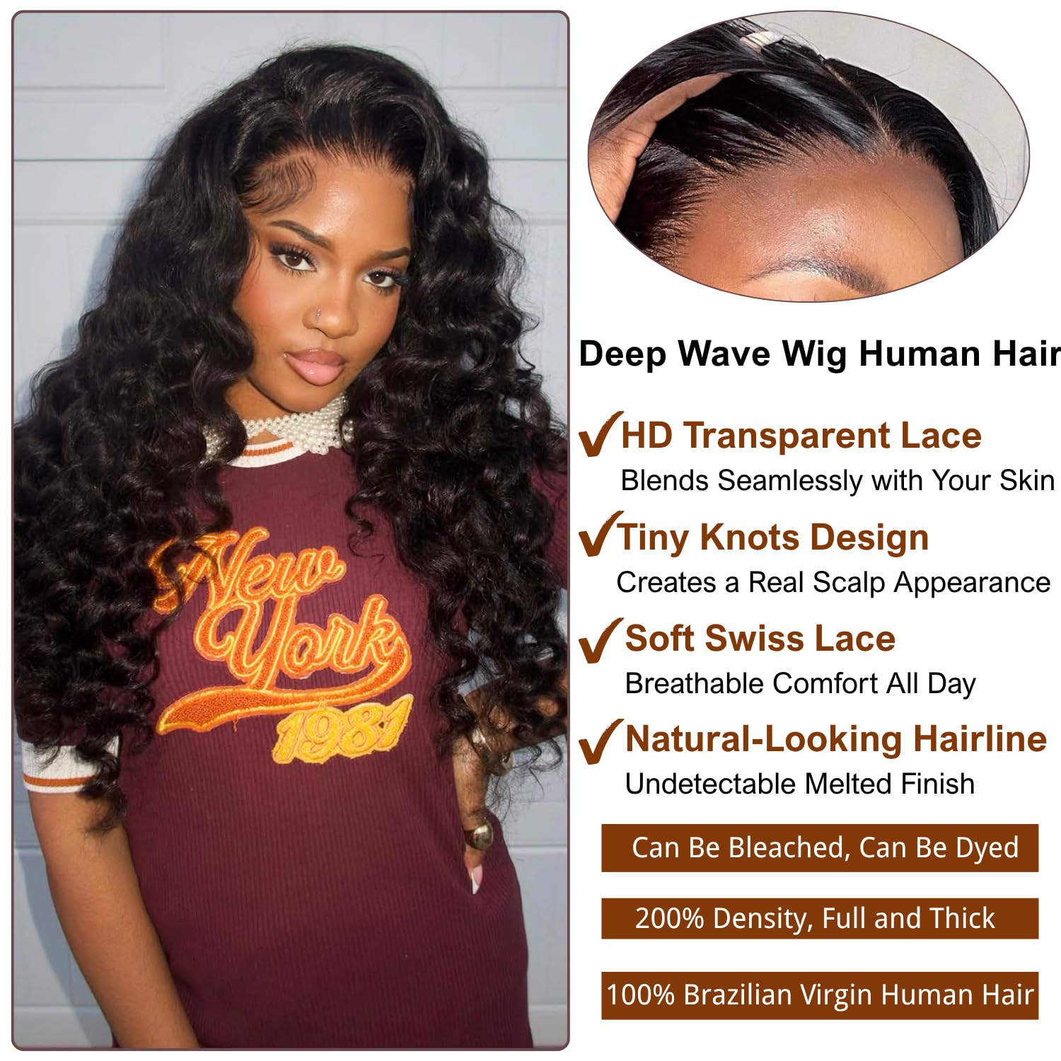 Detalle 2 de AAKJJ Deep Wave 13x4 HD Lace Front Wig (200% Density) — Glueless, Pre-Plucked, 26 Inch
