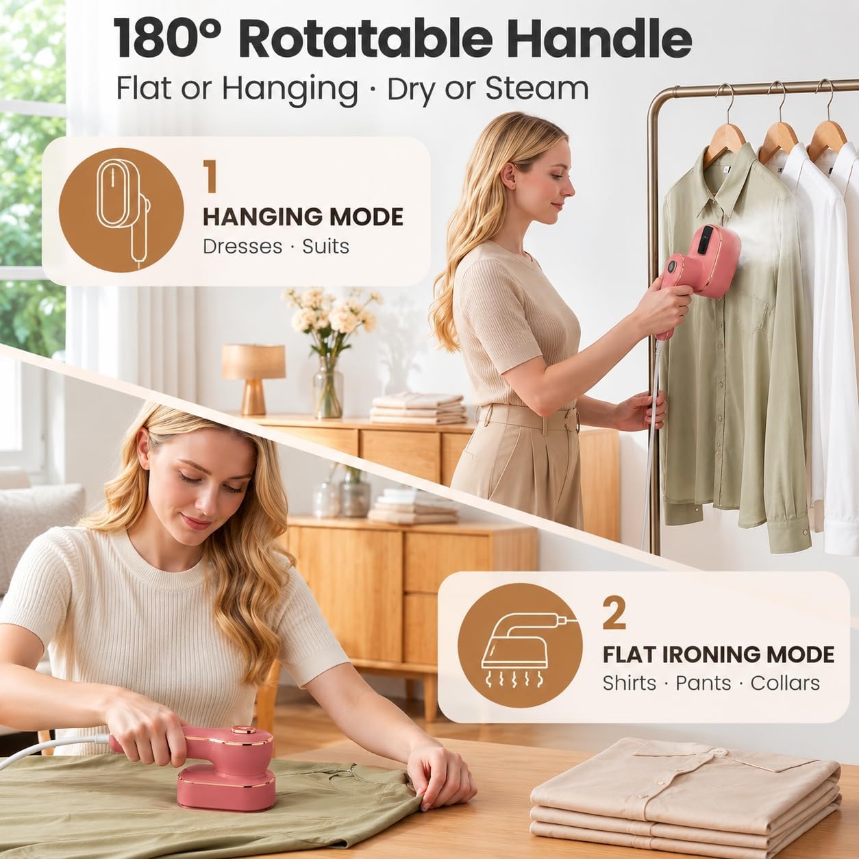 Detalle 2 de Nirrom N03 Travel Garment Steamer, 970W, 180° Rotating Handle, Dusty Rose