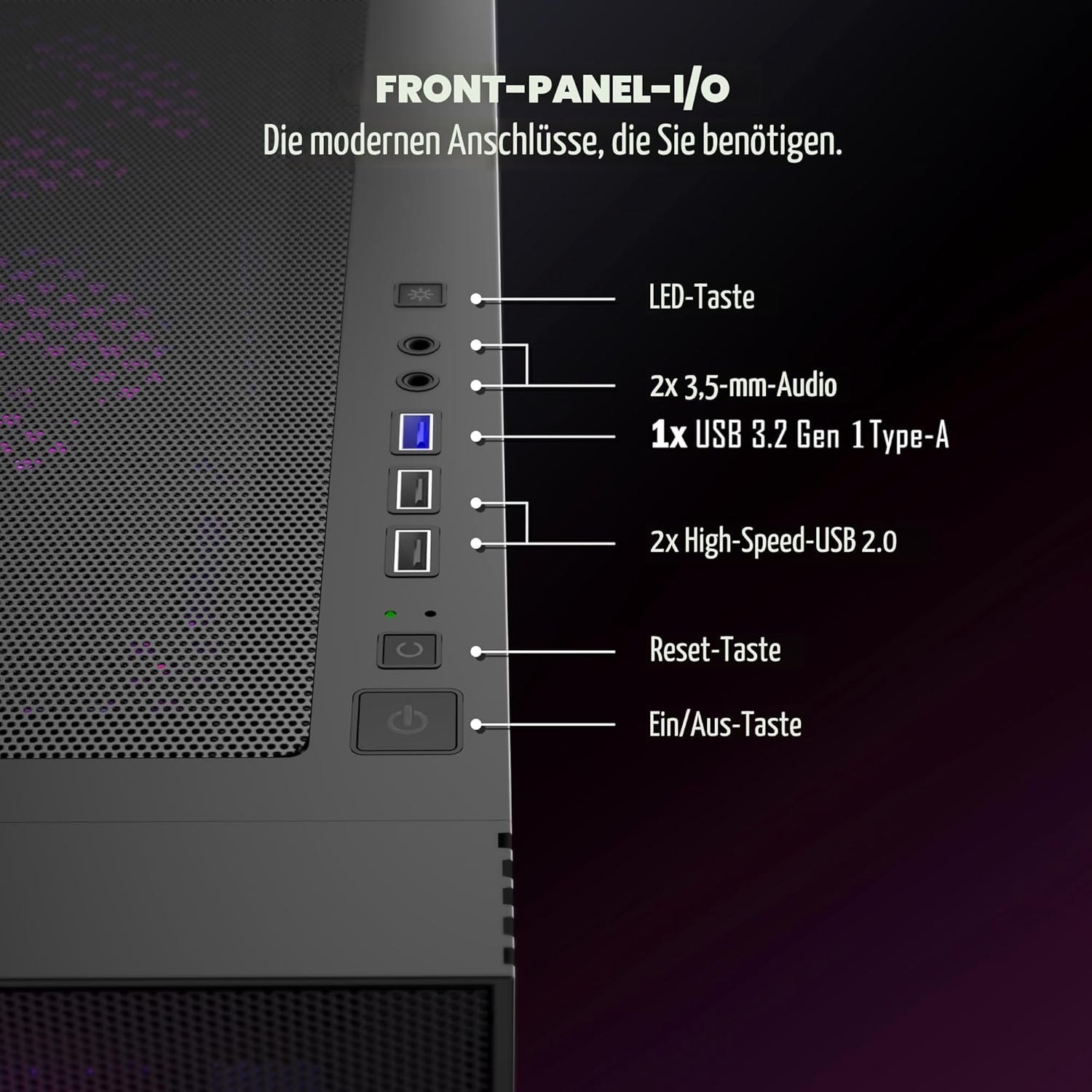 Detalle 2 de KEDIERS PC-Gehäuse H05 (ATX Mid Tower) mit 6× PWM ARGB-Lüftern, gehärtetes Glas und USB-I/O, schwarz
