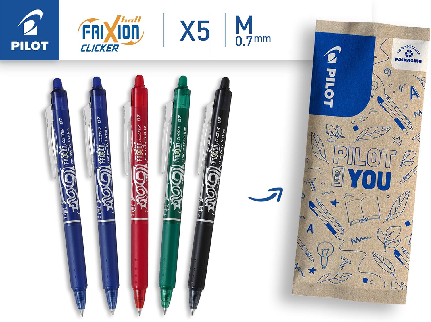 Thumbnail 1 de PILOT FriXion Ball Clicker Erasable Rollerball Pen – 0.7mm, 5 Assorted Colours