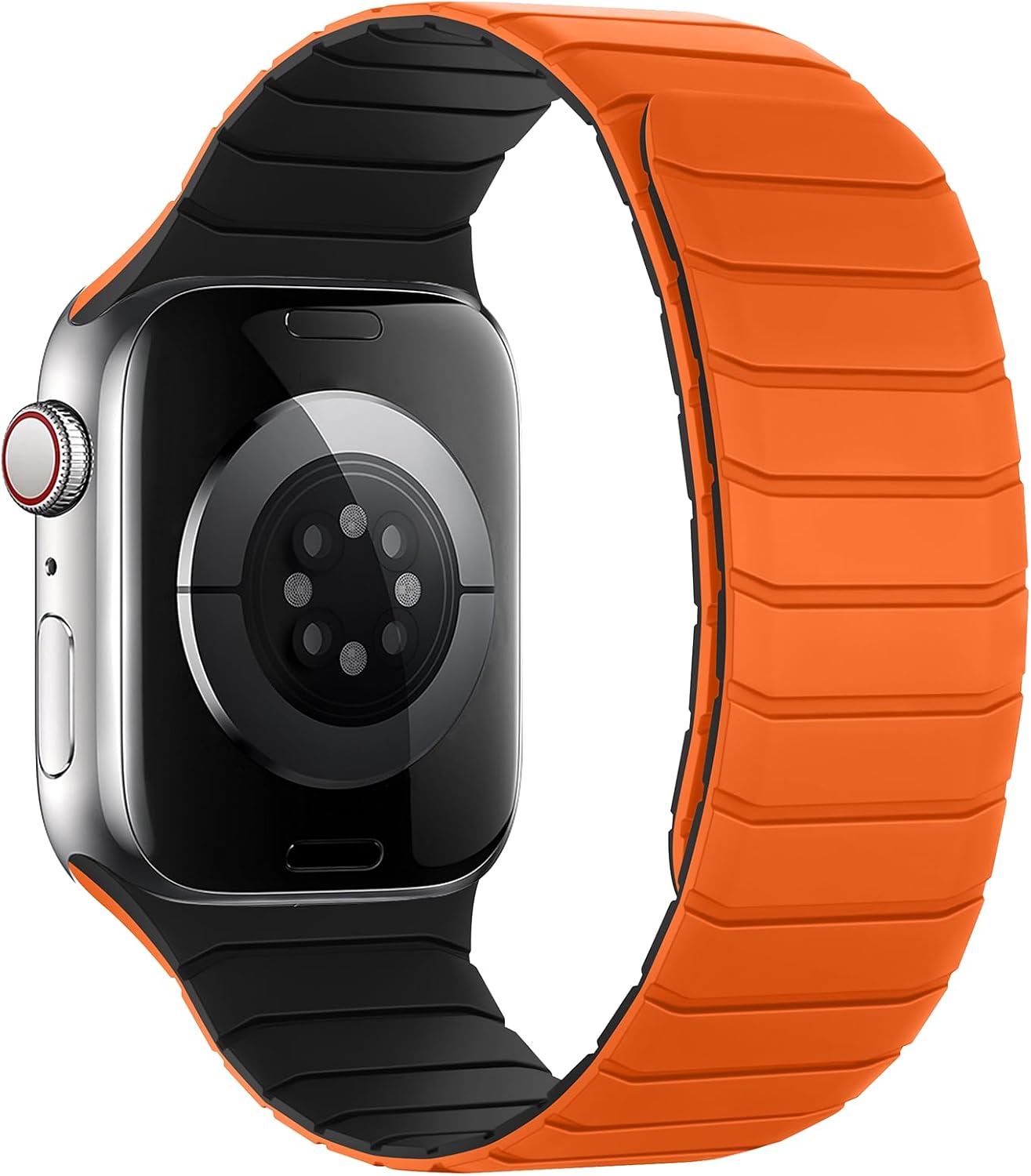 Detalle de Sixmoat Magnetic Silicone Strap for Apple Watch 38–42mm (Orange-Black) – 11/10 Series Compatibility