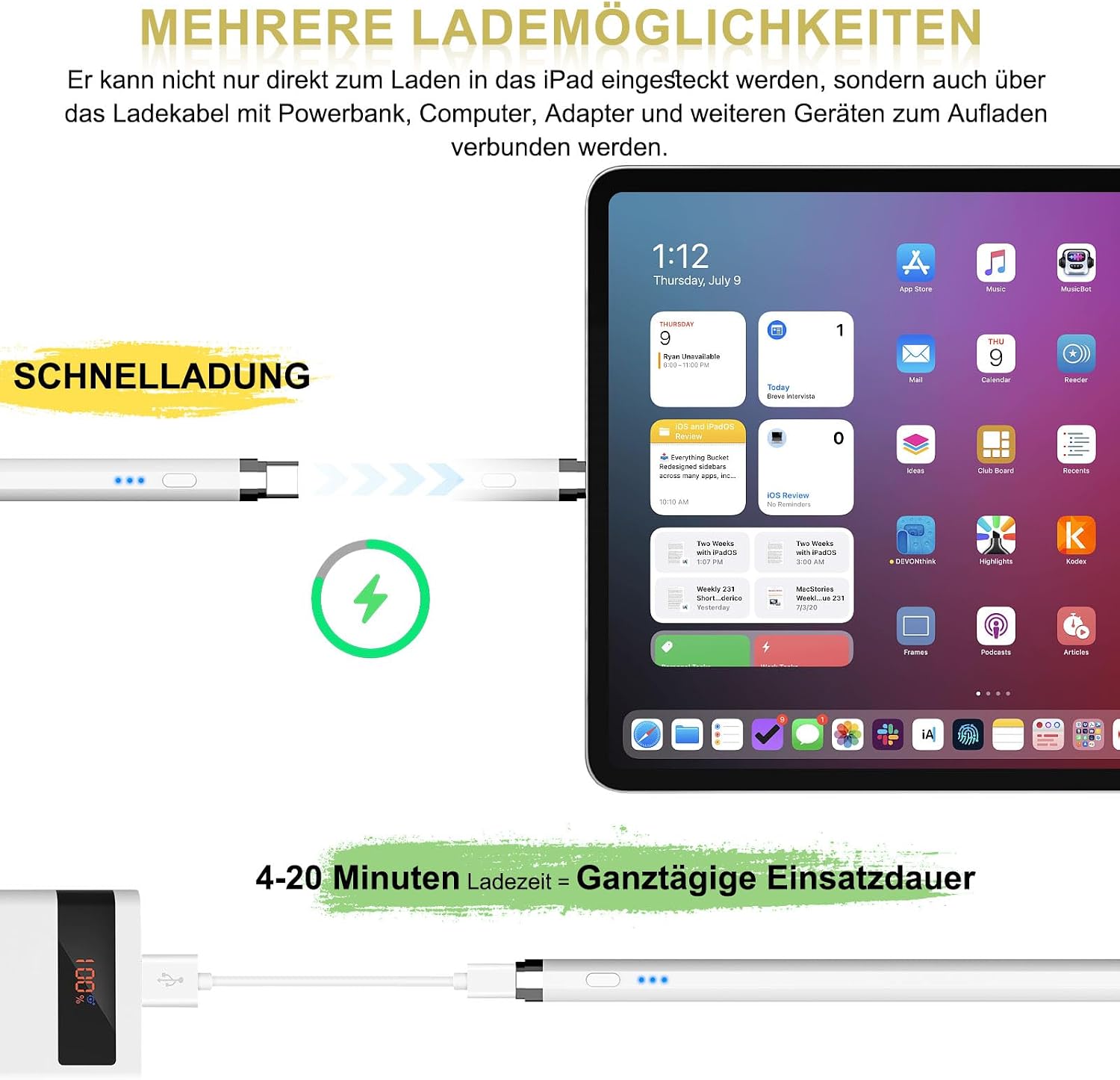 Detalle de LPUNCD Pencil 1. Generation für iPad 2018–2026, Weiß – mit USB‑C Schnellladung & magnetischer Absaugung