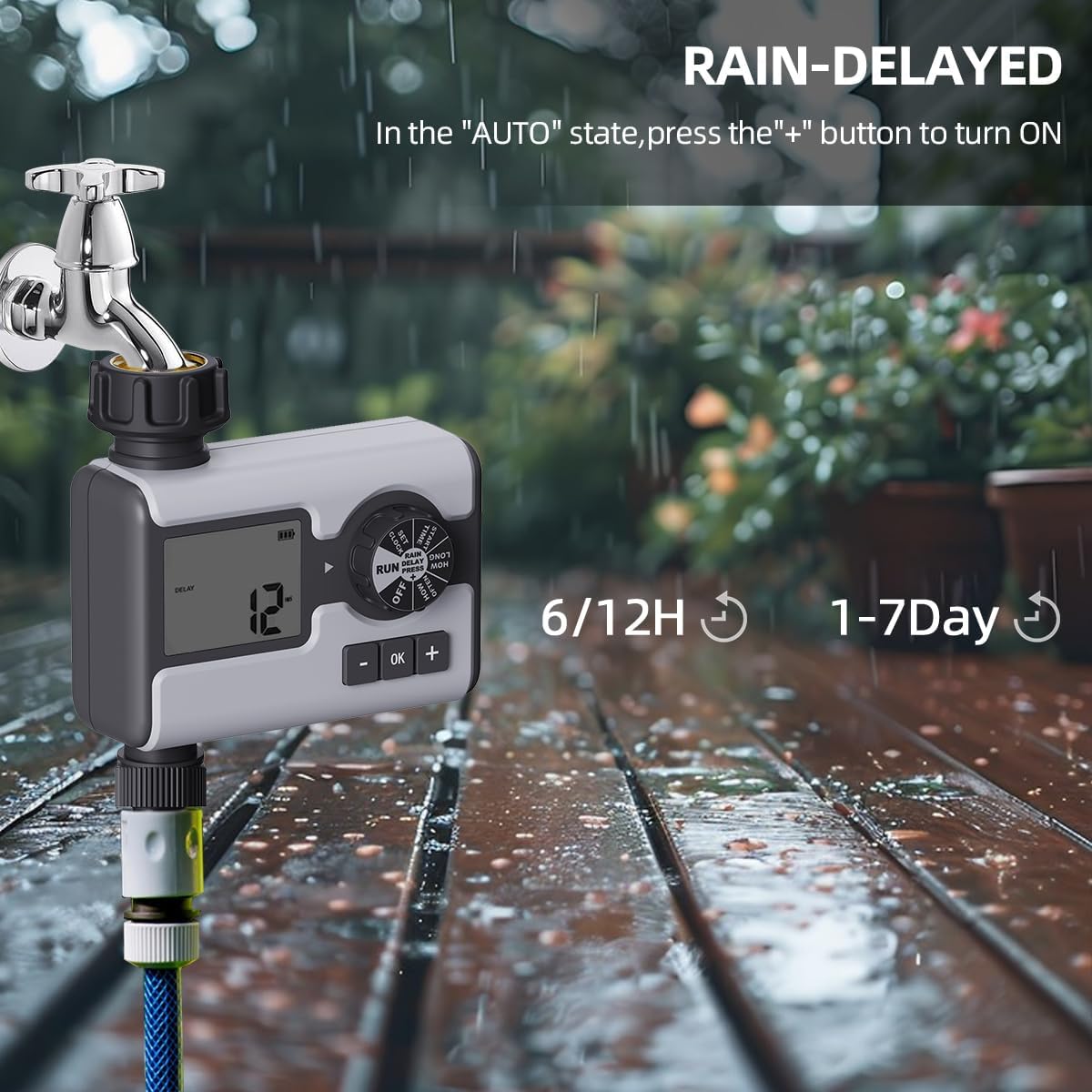 Detalle 2 de Aqualin Timer per irrigazione da giardino con 3 programmi, ritardo pioggia e modalità manuale