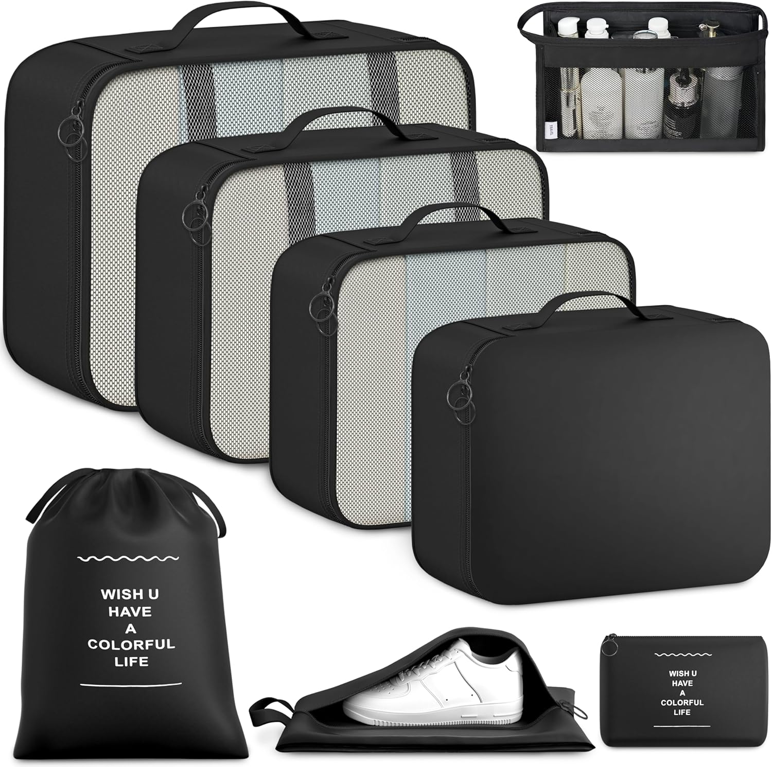 Detalle de BAGAIL 8-teiliges Packwürfel-Set – Reiseorganizer aus leichtem Nylon mit Netzfächern, Schuhbeutel und Mehrfachverwendung