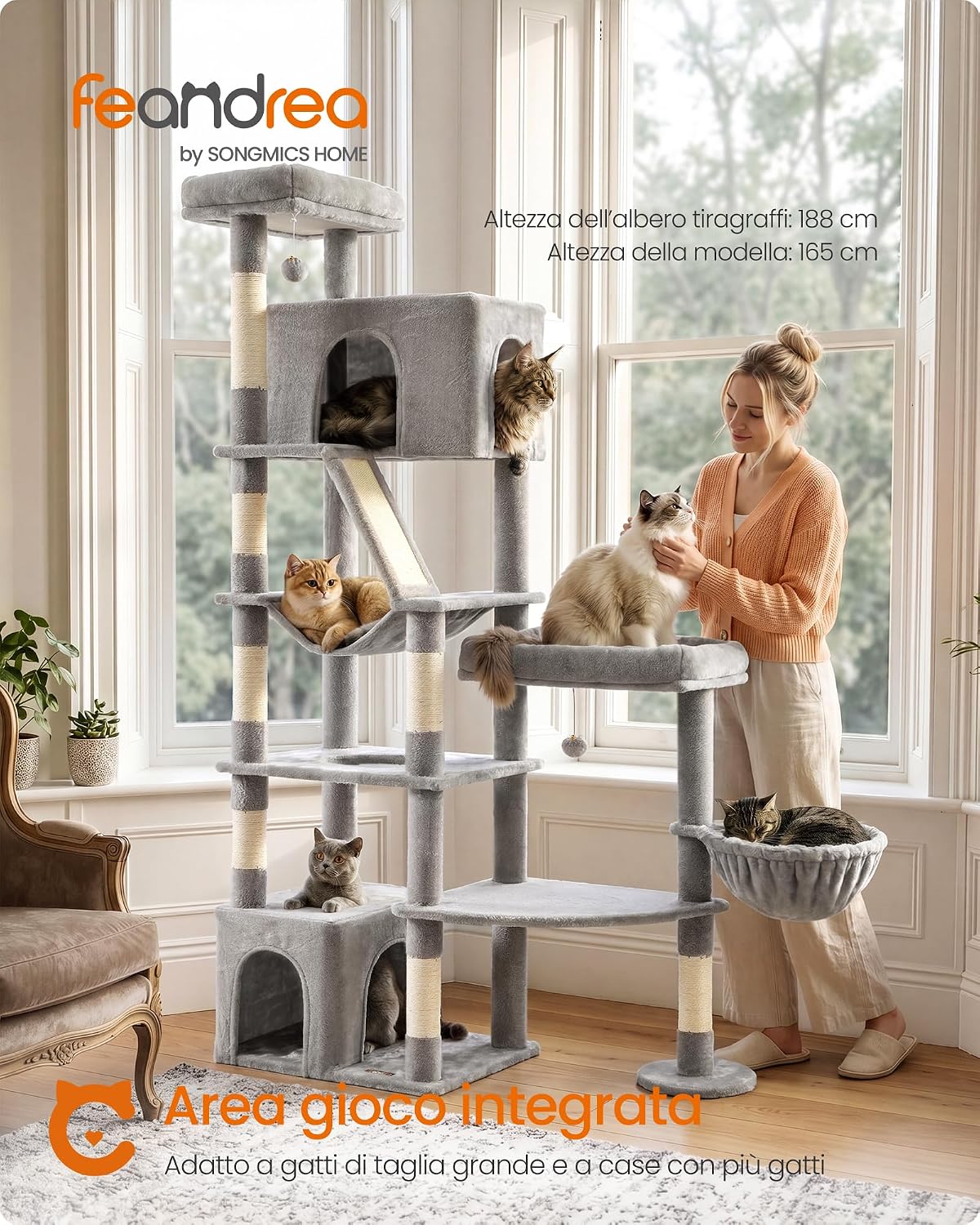 Detalle de Feandrea Grand Arbre à Chat multi-niveaux – Clawfy PCT016G101, Gris Clair