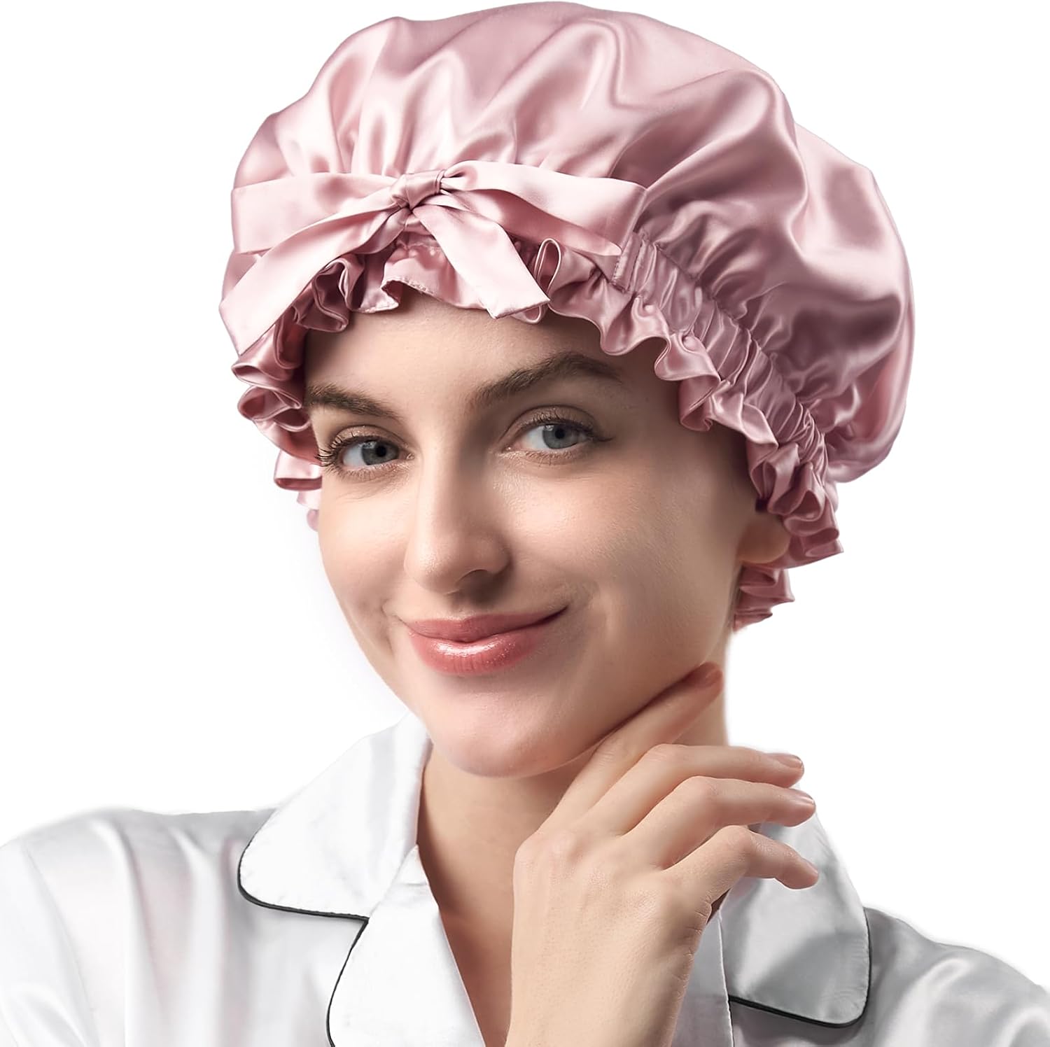 Detalle de Umisleep Cuffia in seta di gelso 22 Momme doppio strato (6A) con fascia regolabile per capelli ricci