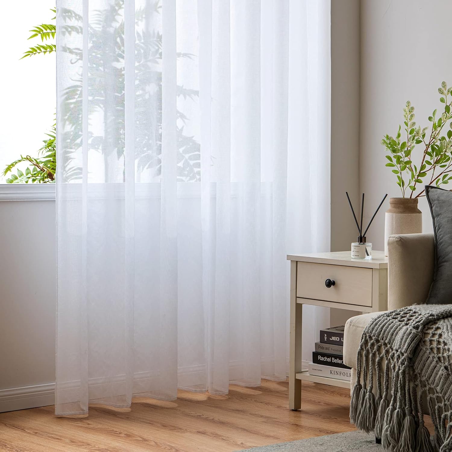 Thumbnail 4 de Woaboy Voile Gardinen Kurz Weiss – 2er Set, 140 x 160 cm, Ösen/Schlaufen, transparente Scheibengardine