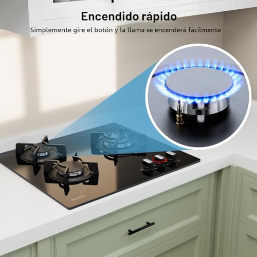 Detalle de Wehimo - Placa de cocina de gas de 3 fuegos empotrable, 60 cm, cristal negro