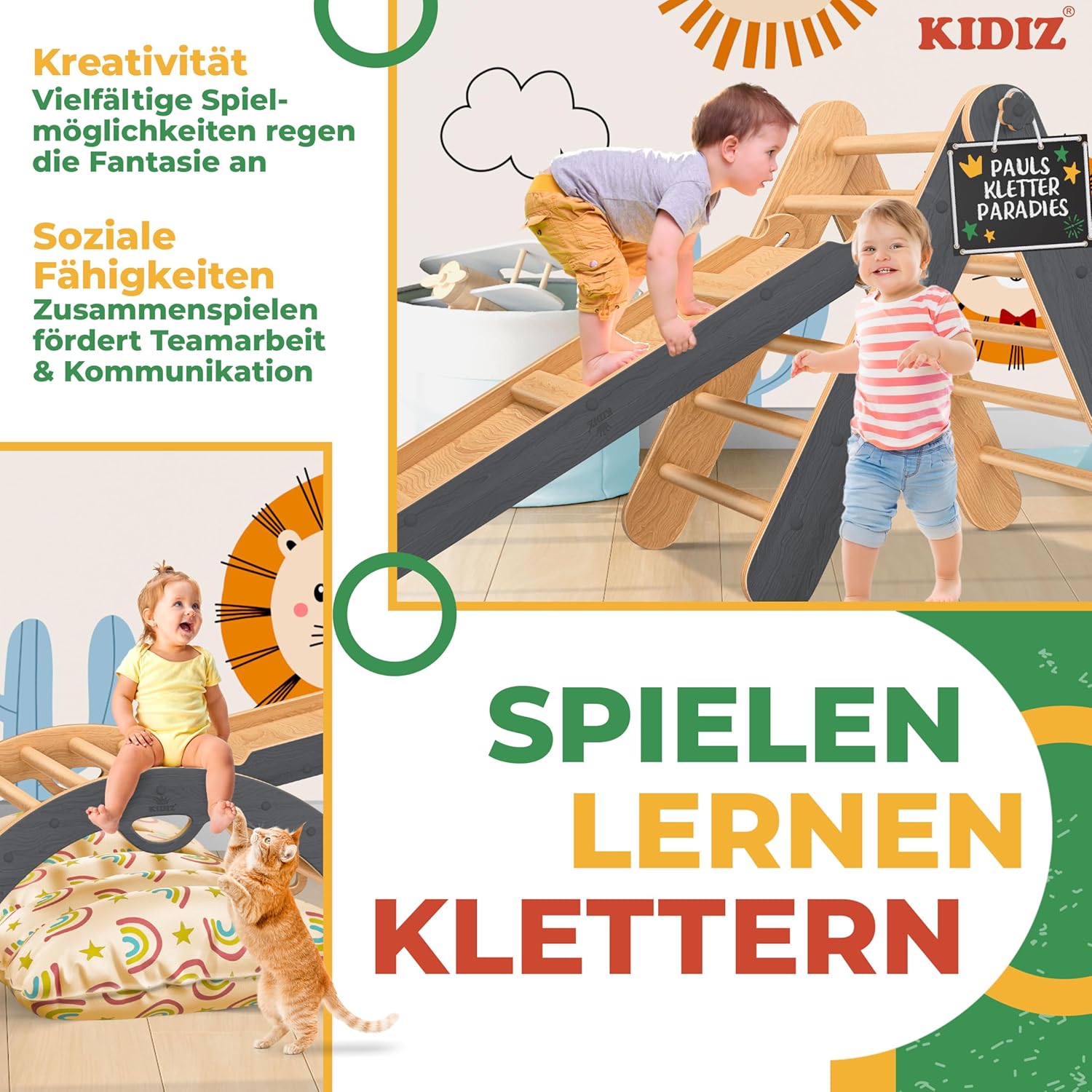 Detalle de Kidiz 7in1 Klettergerüst Montessori – Indoor Spielset aus Holz für Kleinkinder ab 1 Jahr