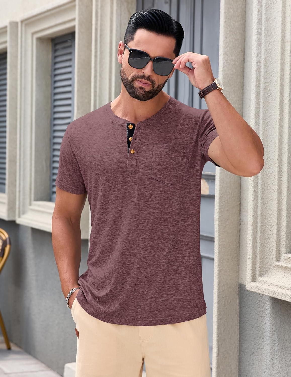 Thumbnail 1 de TARAINYA Henley T-Shirts Herren – Baumwolle Kurzarm mit Brusttasche, Größe M–4XL