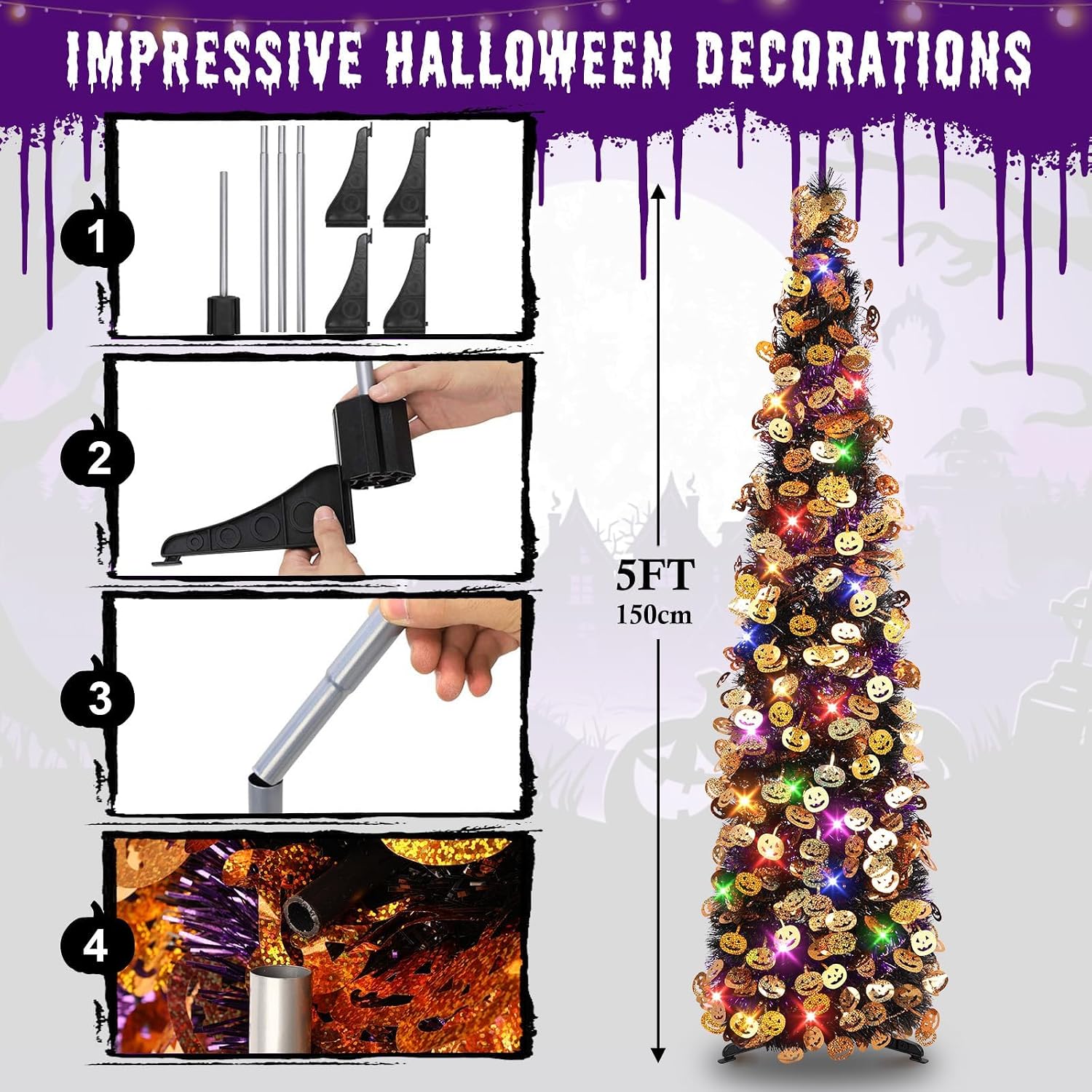 Detalle de N&T NIETING 5-Foot Halloween Tinsel Tree with Pumpkin Accents and Orange LED Lights