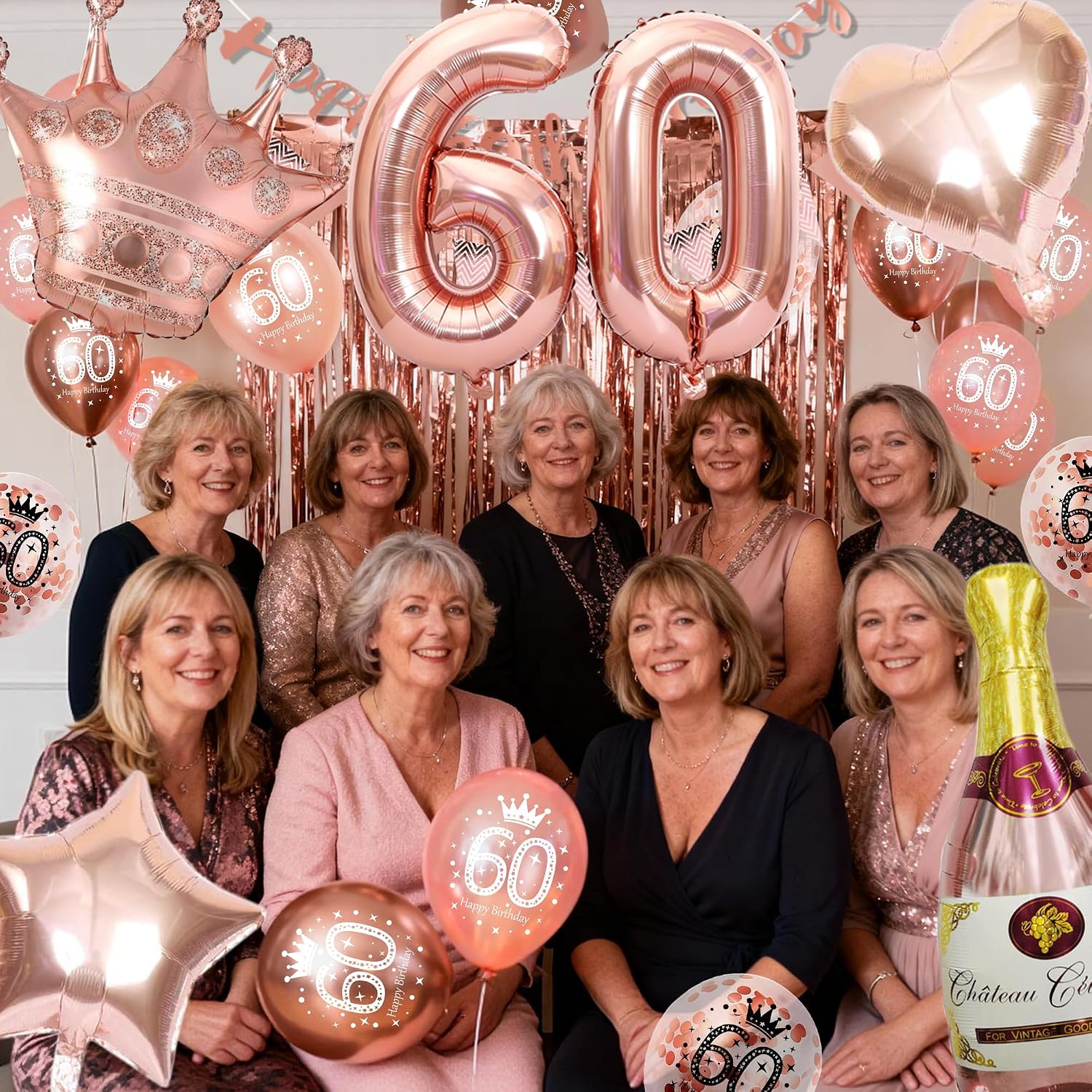 Thumbnail 4 de VICTERR Rose Gold 60th Birthday Decoration Set (Happy 60th Birthday banner, number 60 balloons & foil curtains)